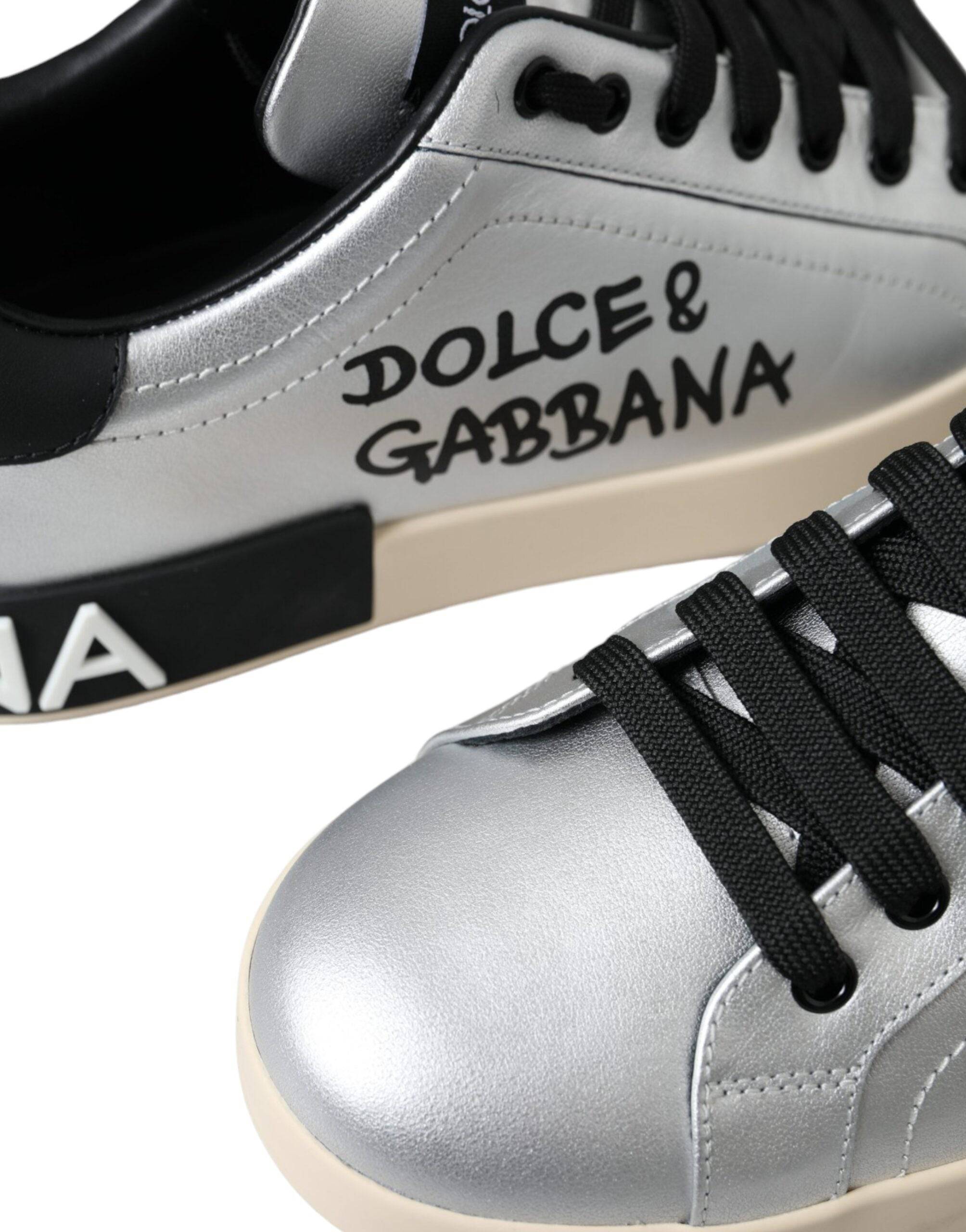 Dolce & Gabbana Silver Portofino Calf Leather Sneakers Men Shoes - ACCEXO