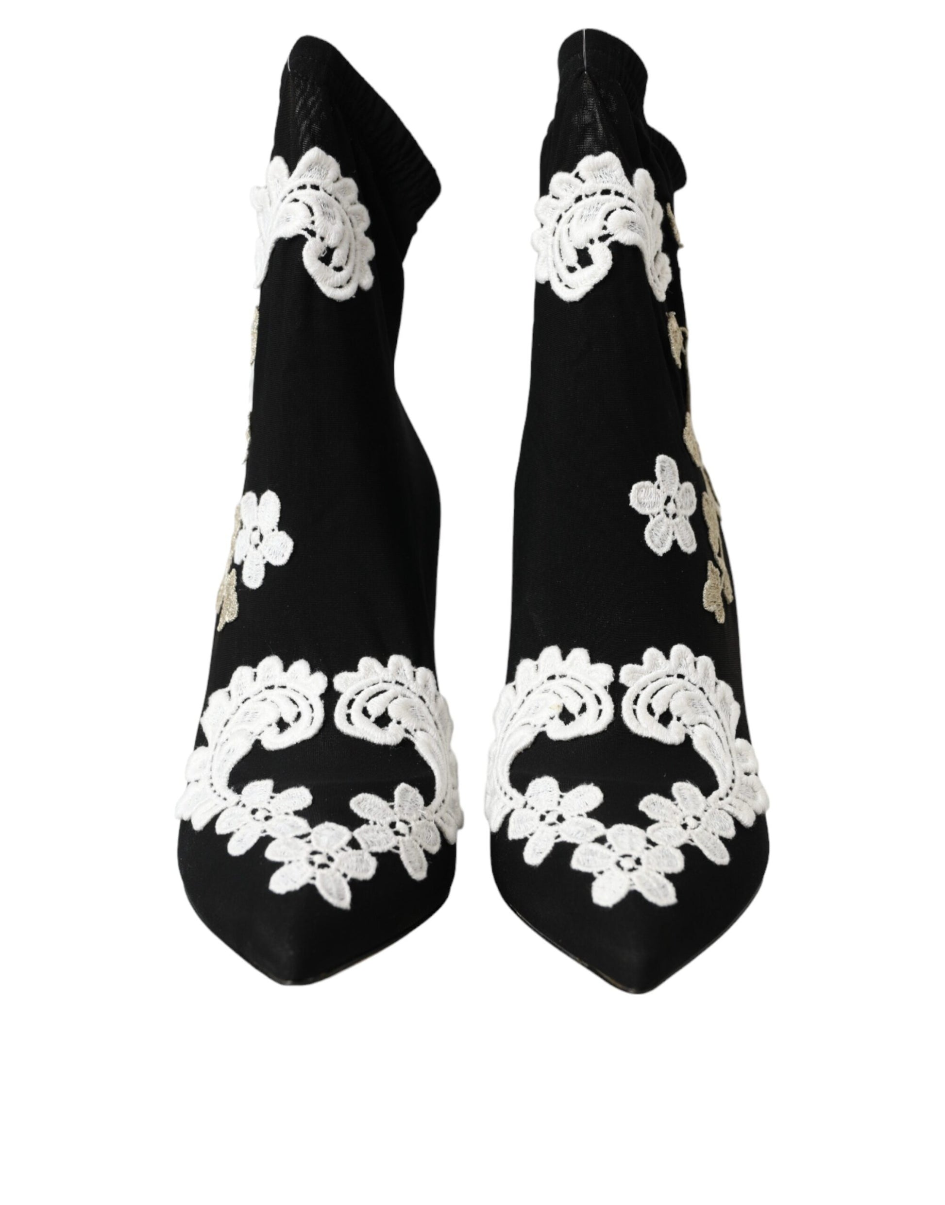 Dolce & Gabbana Black White Embroidery Slip On Boots Shoes - ACCEXO