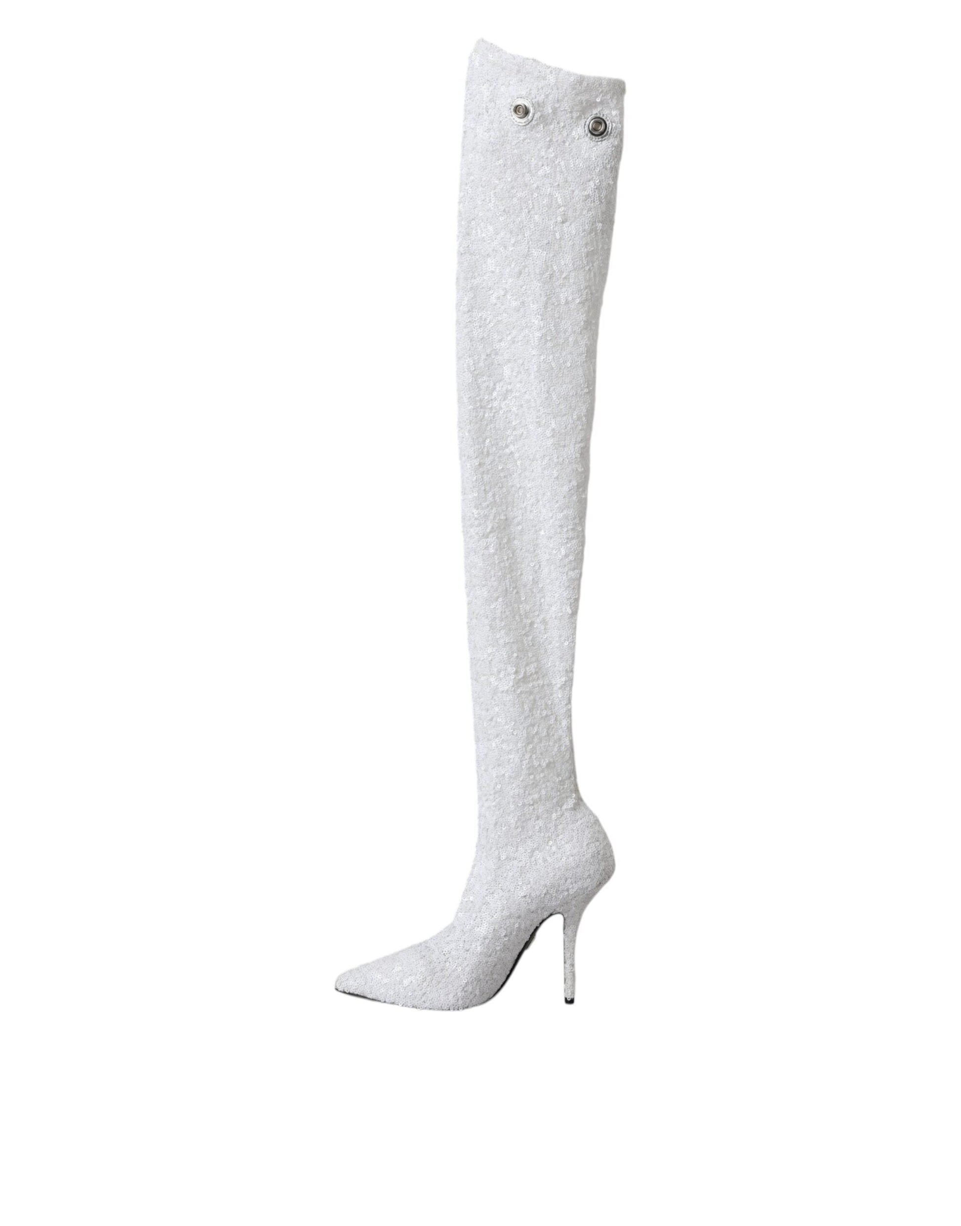 Dolce & Gabbana White Heels Stiletto Knee High Boots Shoes - ACCEXO