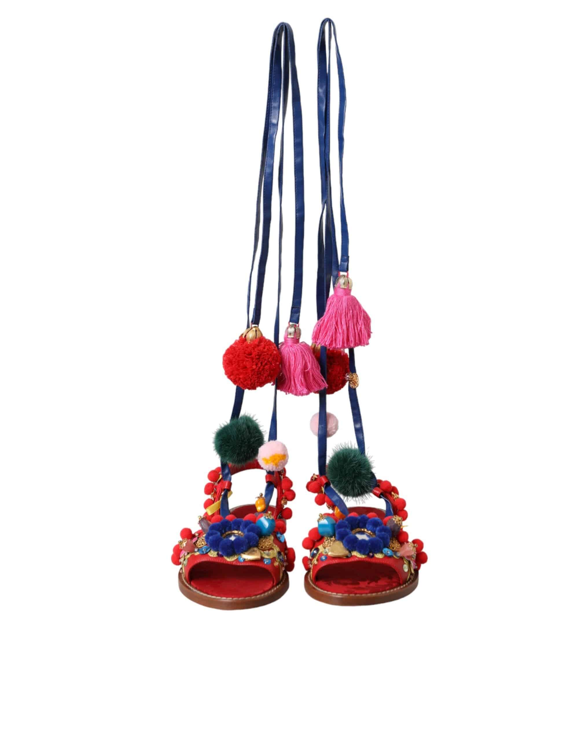 Dolce & Gabbana Multicolor Pom Pom Fur Wrap Sandals Shoes - ACCEXO