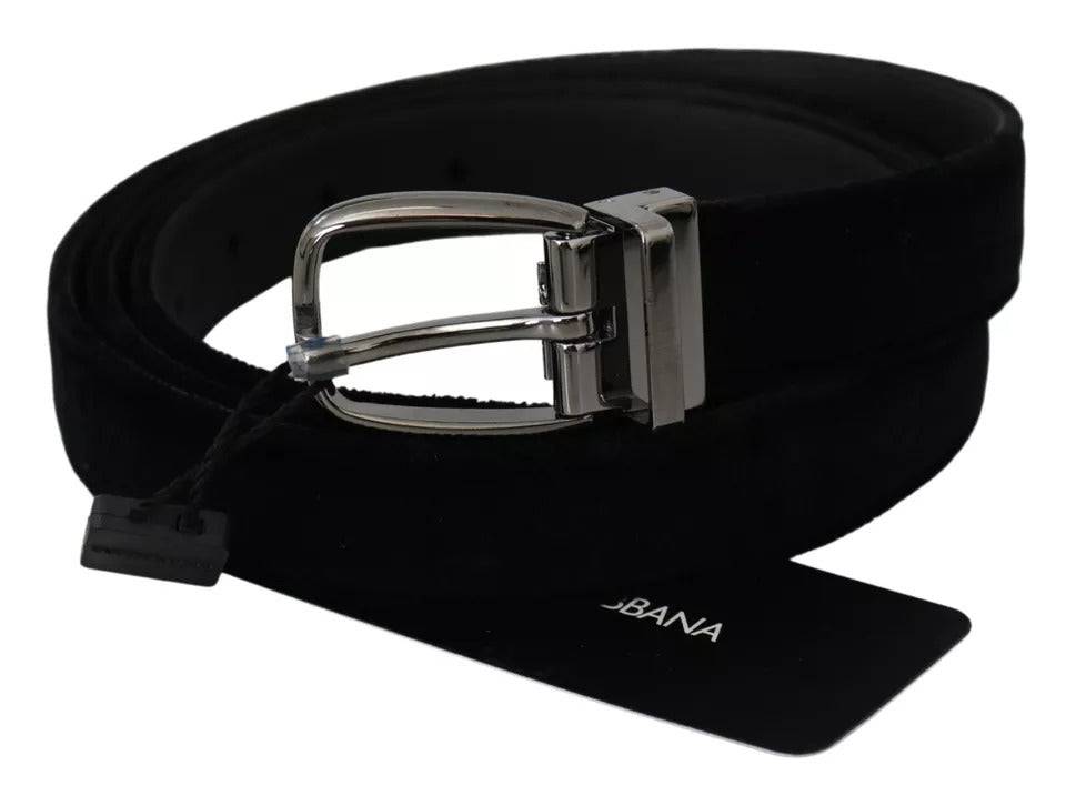 Dolce & Gabbana Black Velvet Silver Tone Metal Buckle Men Belt - ACCEXO