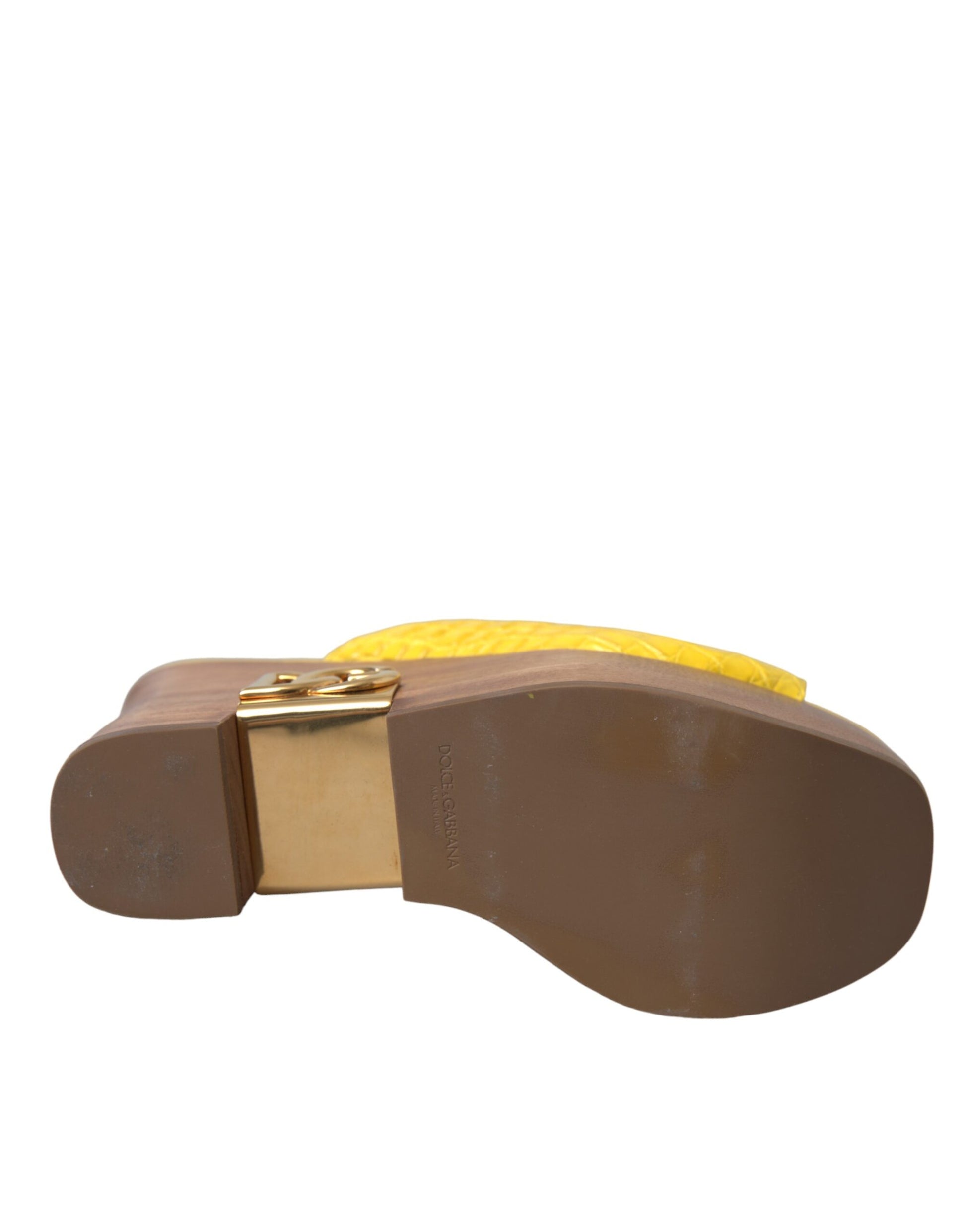 Dolce & Gabbana Yellow Leather Wood Mule Wedge Slides Shoes - ACCEXO