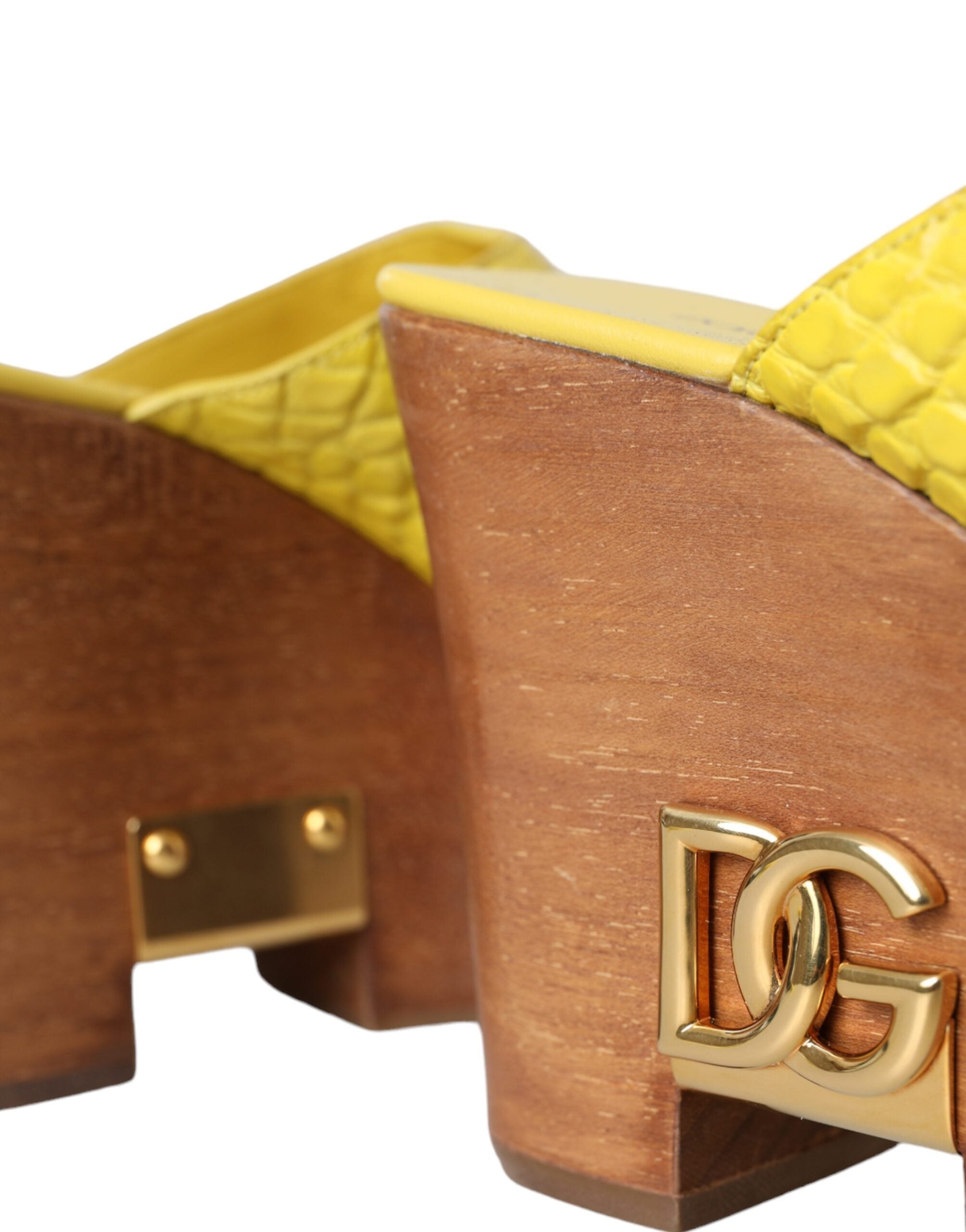 Dolce & Gabbana Yellow Leather Wood Mule Wedge Slides Shoes - ACCEXO