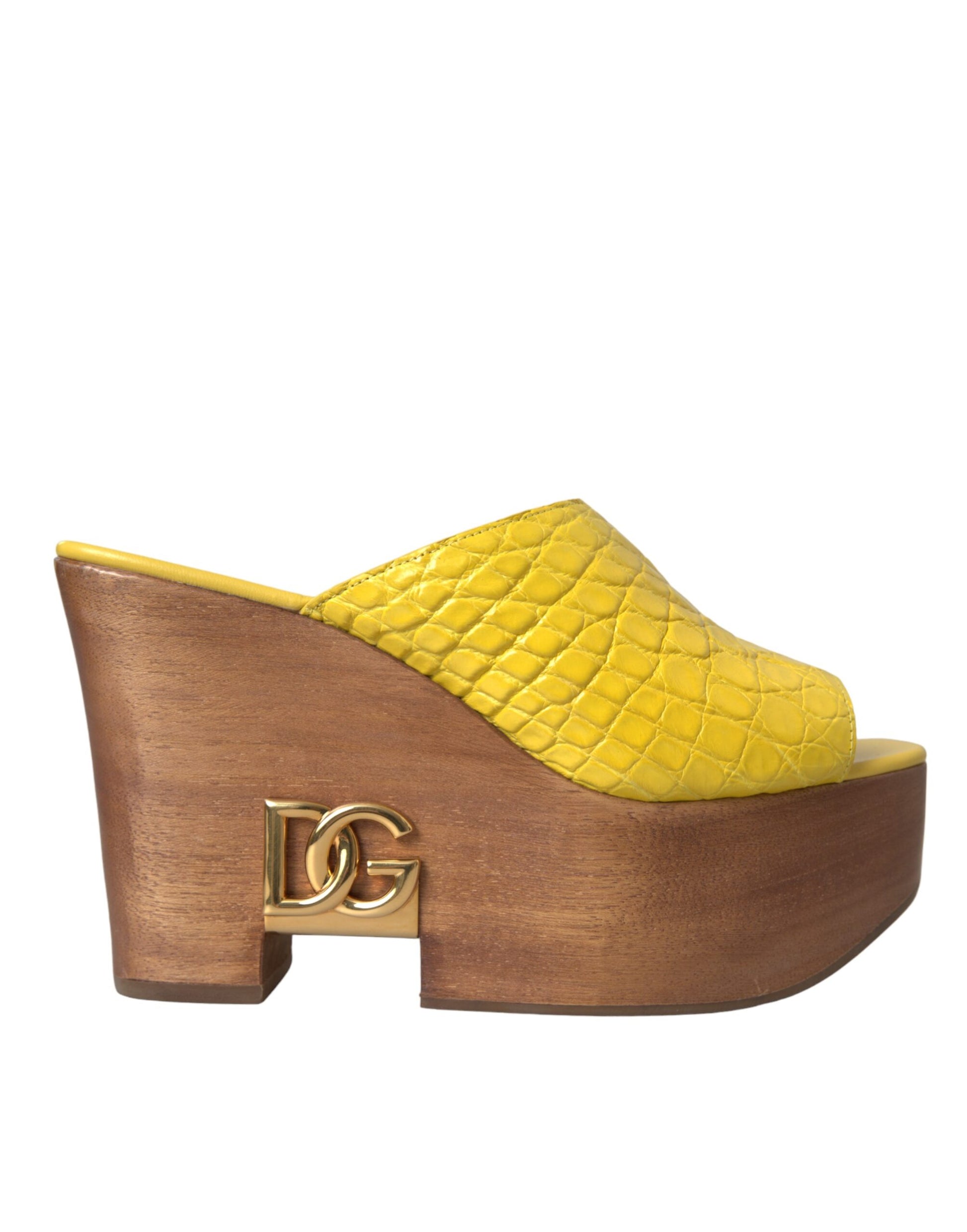 Dolce & Gabbana Yellow Leather Wood Mule Wedge Slides Shoes - ACCEXO