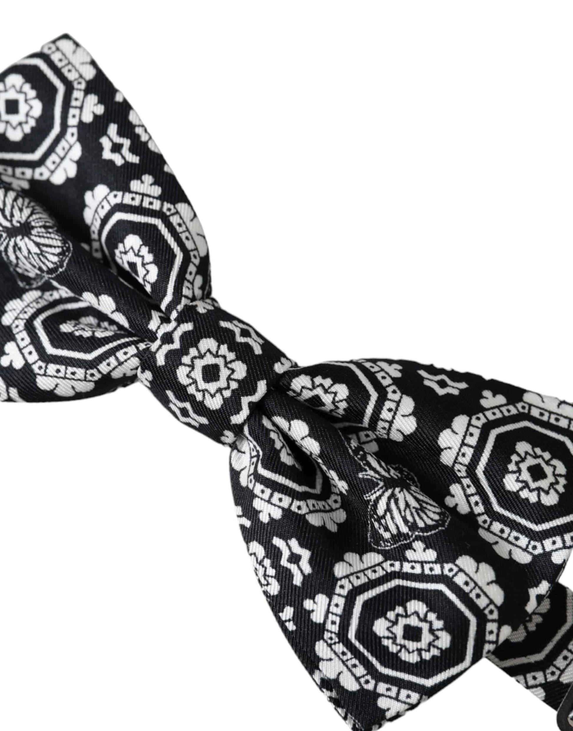 Dolce & Gabbana Black White Printed Adjustable Neck Men Bow Tie - ACCEXO