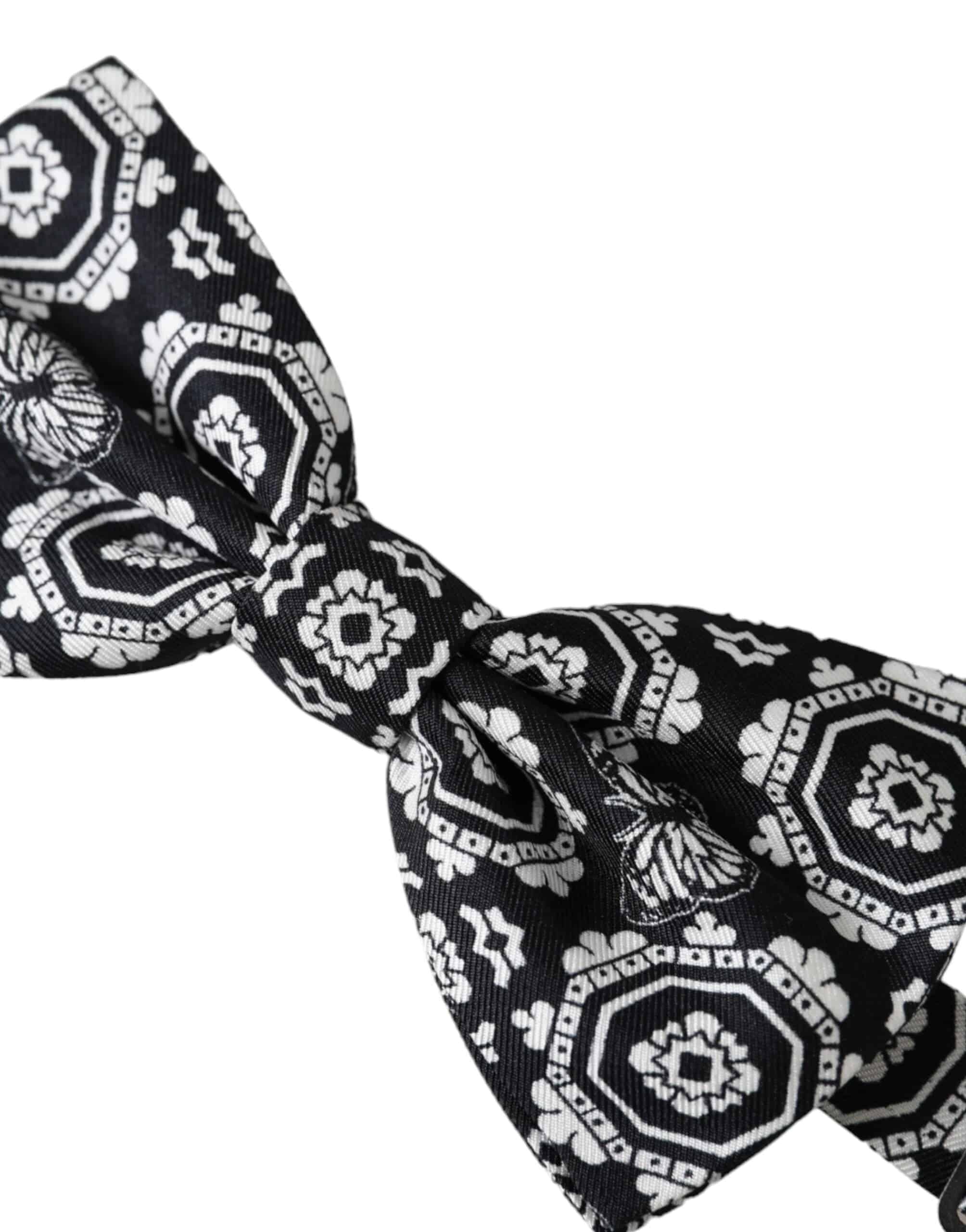 Dolce & Gabbana Black White Printed Adjustable Neck Men Bow Tie - ACCEXO