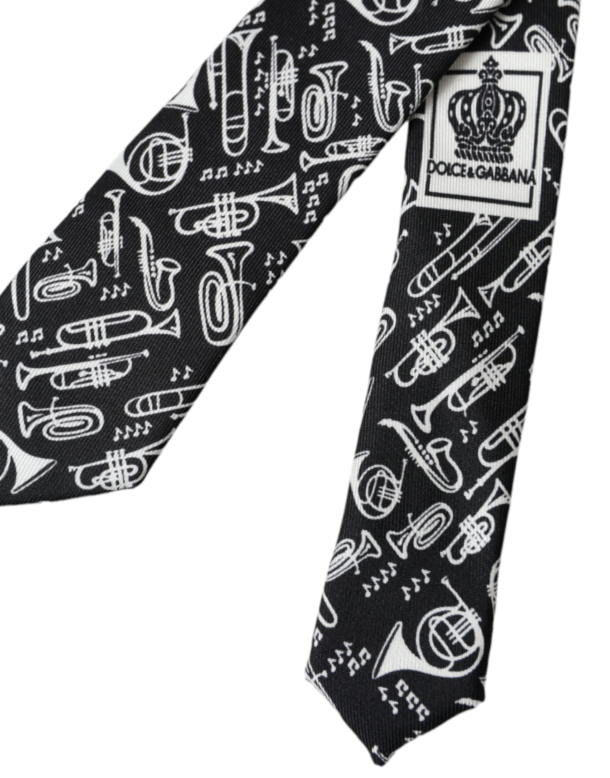Dolce & Gabbana Black Trumpet Print Silk Adjustable Tie - ACCEXO