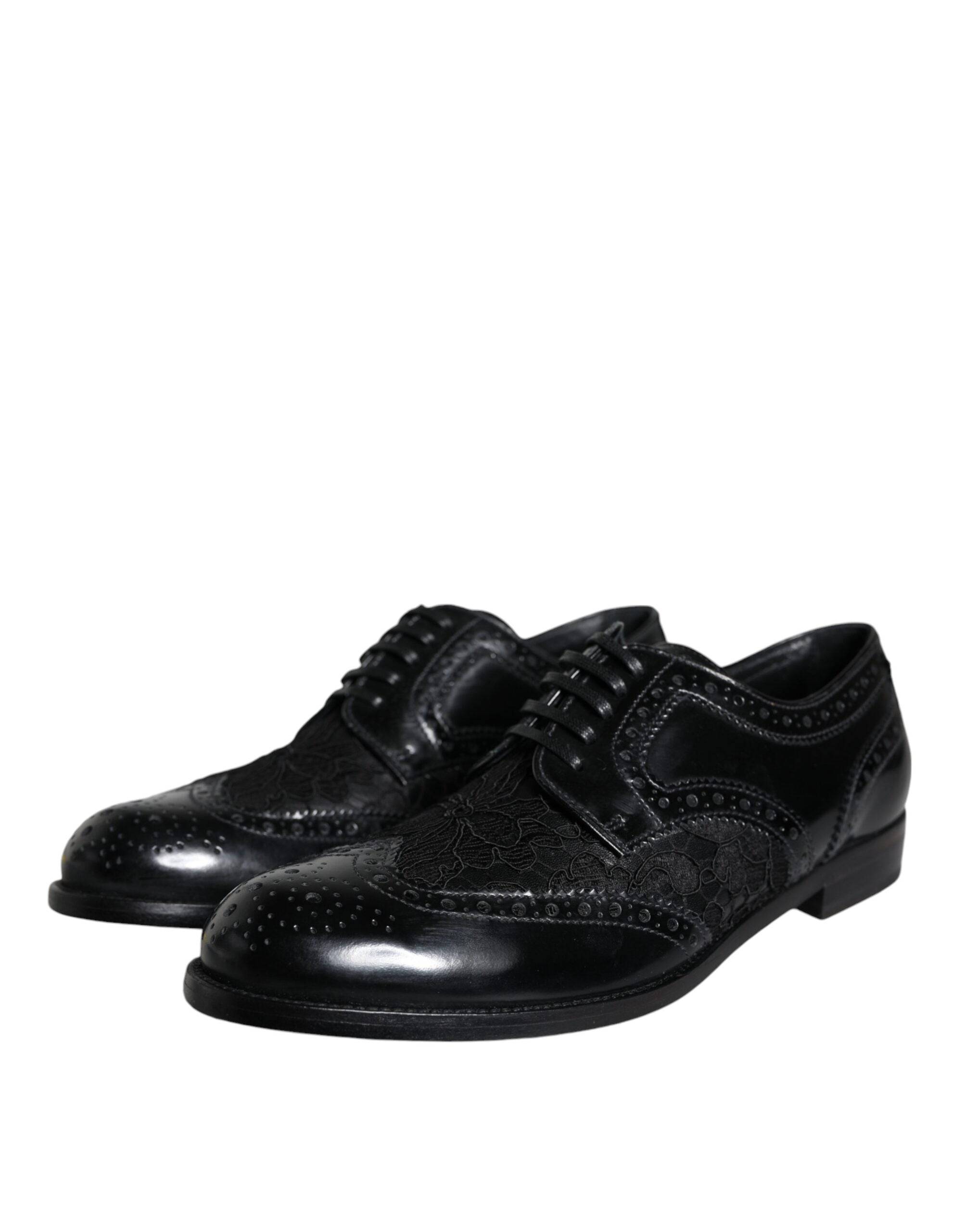 Dolce & Gabbana Black Leather Floral Lace Dress Formal Shoes - ACCEXO