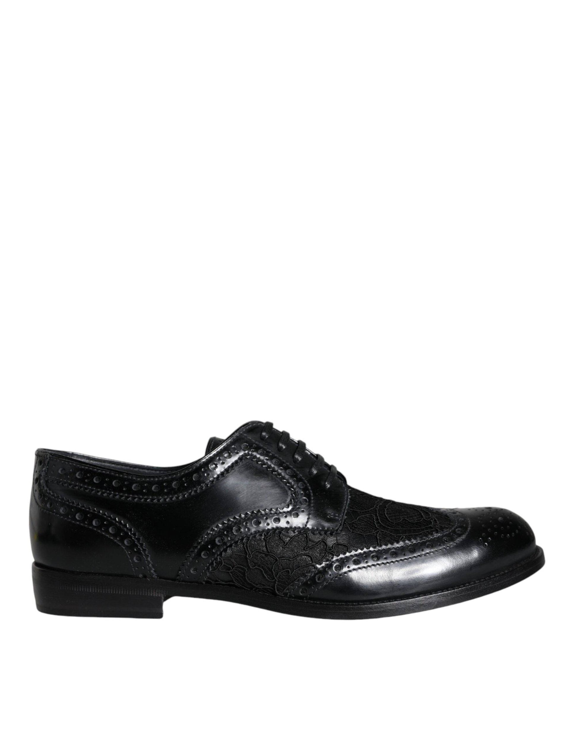 Dolce & Gabbana Black Leather Floral Lace Dress Formal Shoes - ACCEXO