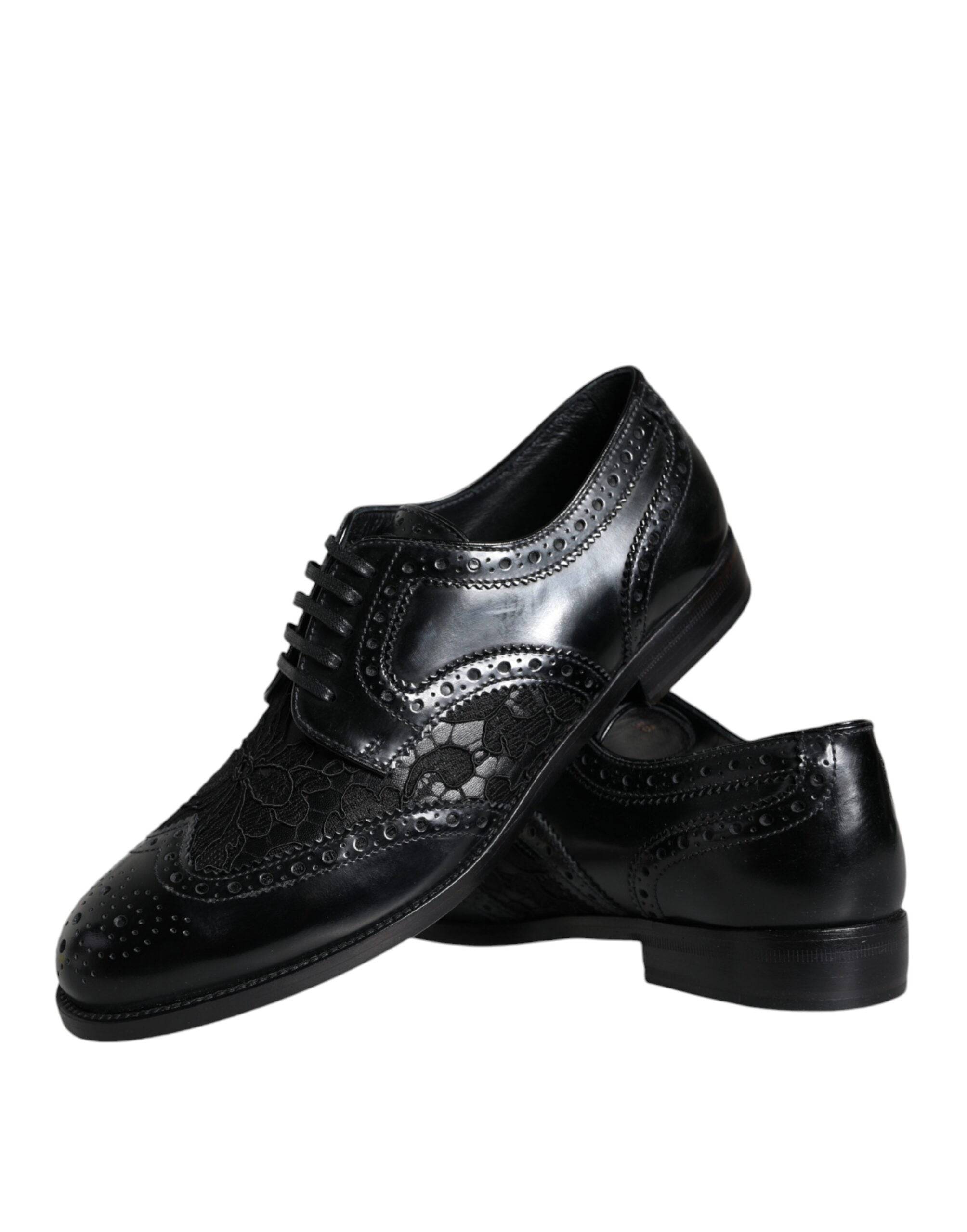 Dolce & Gabbana Black Leather Floral Lace Dress Formal Shoes - ACCEXO