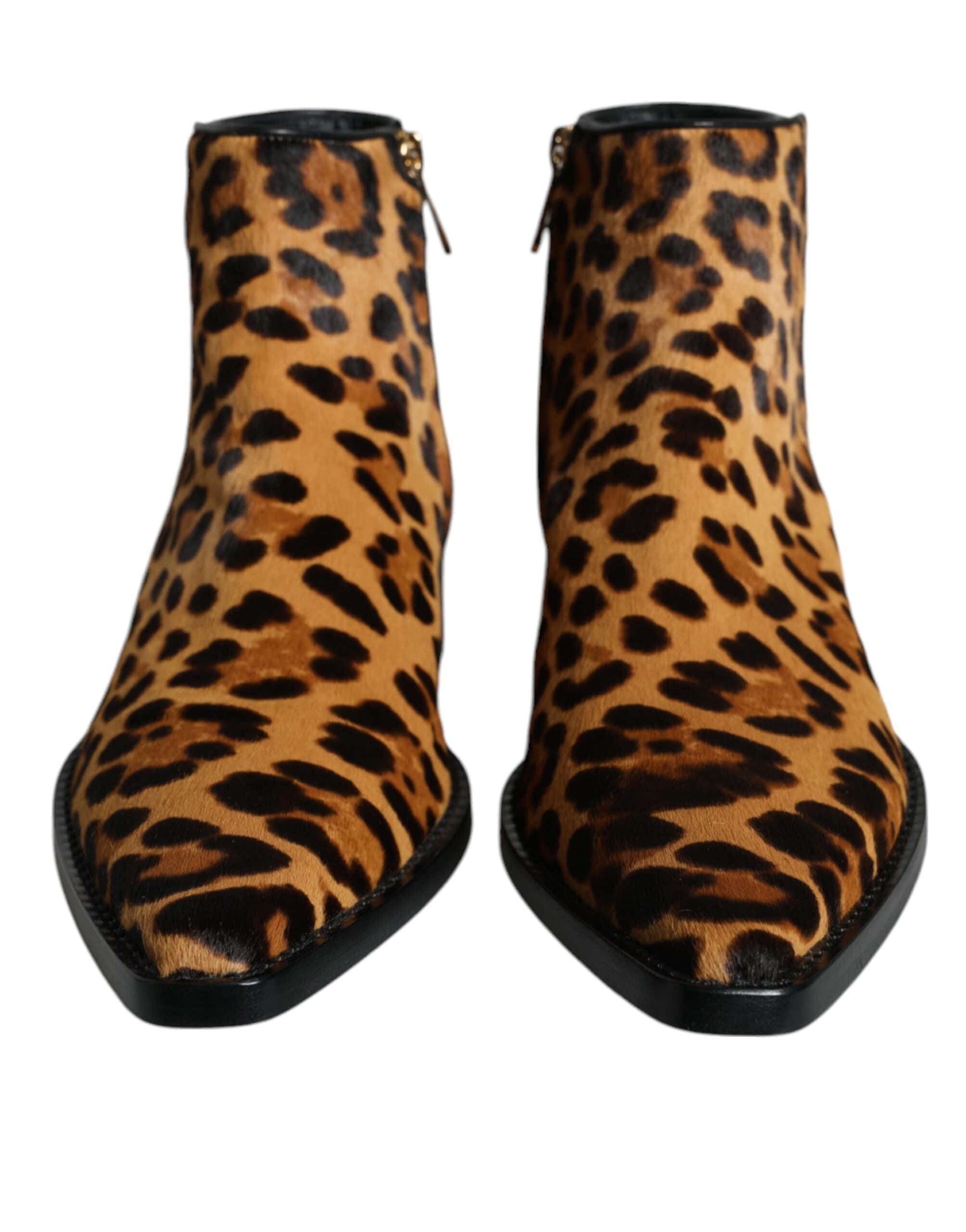 Dolce & Gabbana Brown Leopard Calf Fur Ankle Boots Shoes - ACCEXO