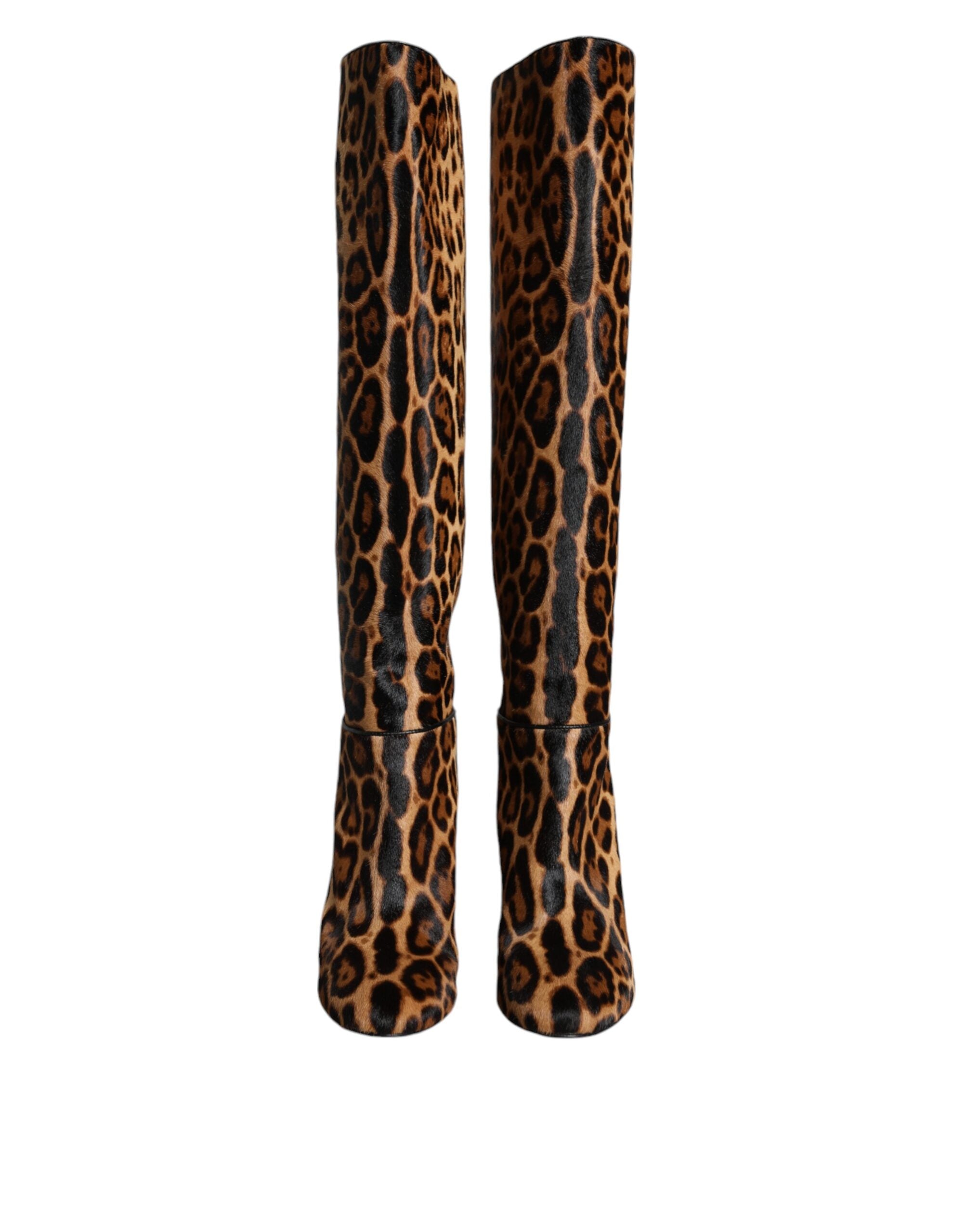 Dolce & Gabbana Beige Black Leopard Knee High Boots Shoes - ACCEXO
