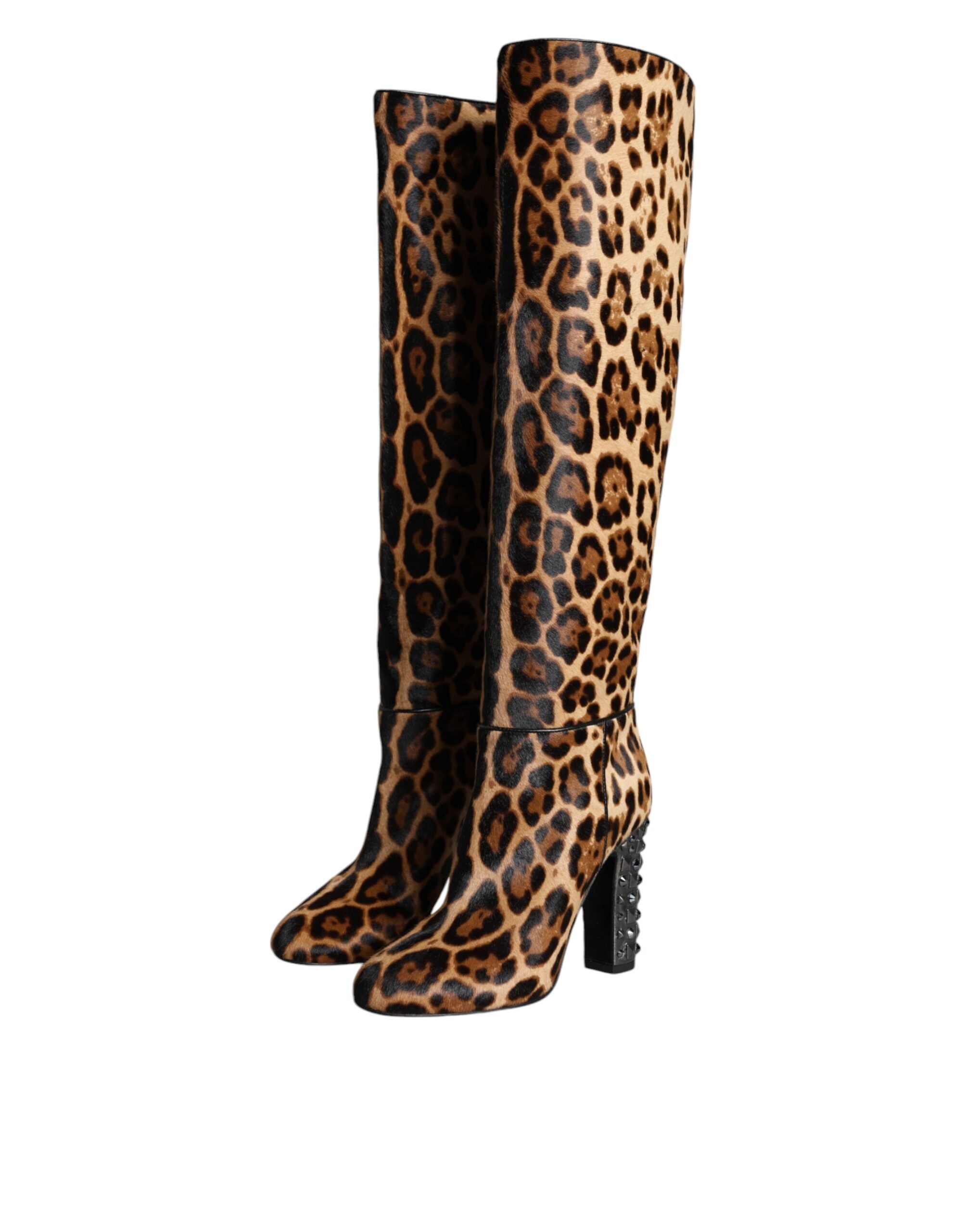 Dolce & Gabbana Beige Black Leopard Knee High Boots Shoes - ACCEXO