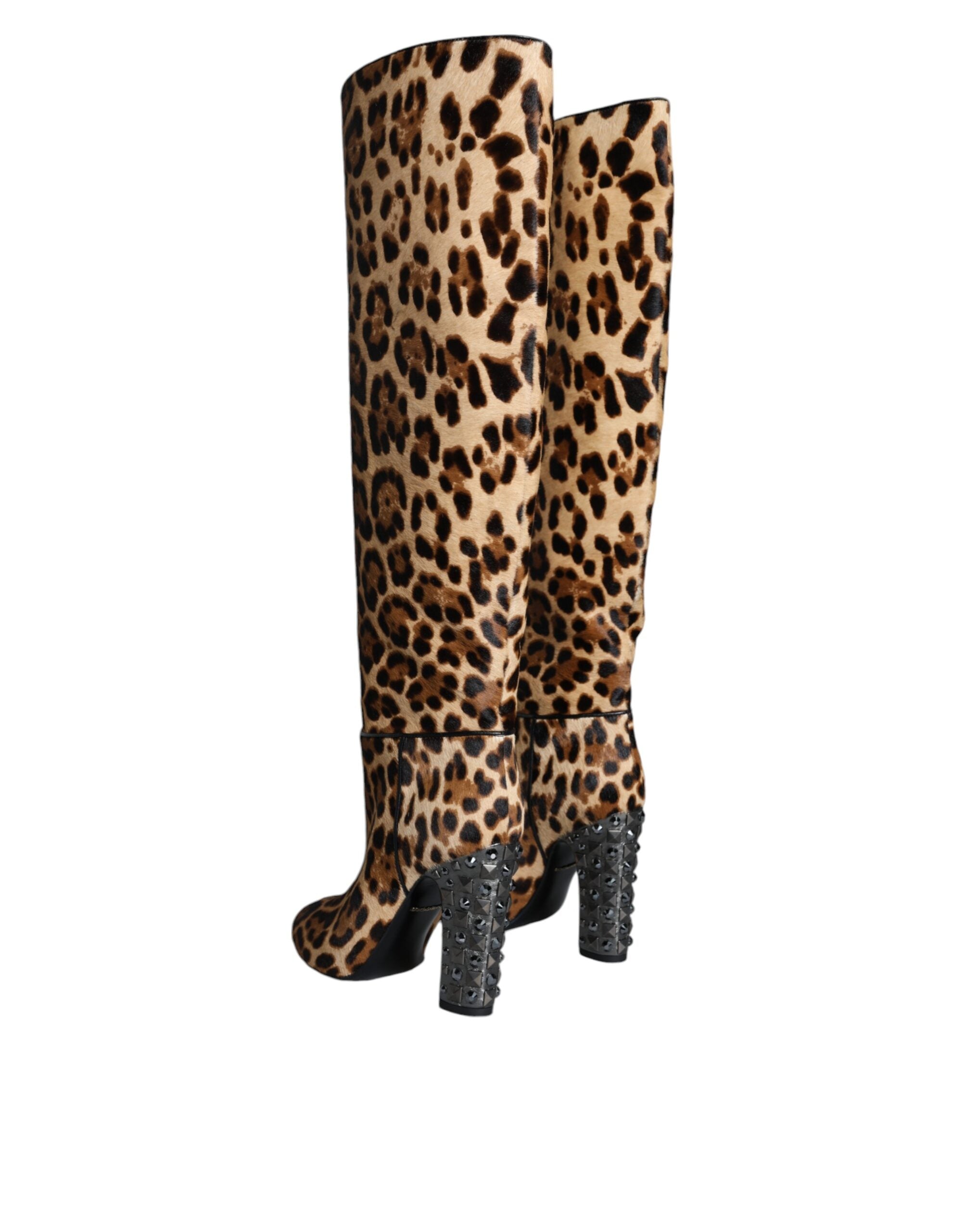 Dolce & Gabbana Beige Black Leopard Knee High Boots Shoes - ACCEXO
