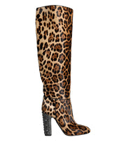 Dolce & Gabbana Beige Black Leopard Knee High Boots Shoes - ACCEXO