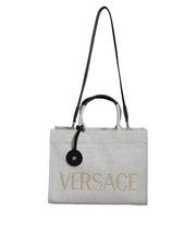 Versace White Top Handle Canvas Leather Logo Crossbody Tote Bag - ACCEXO