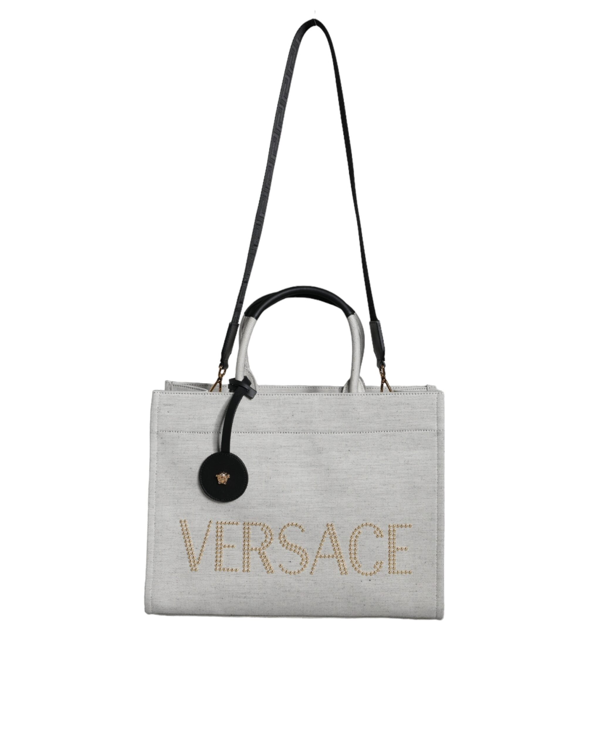 Versace White Top Handle Canvas Leather Logo Crossbody Tote Bag - ACCEXO