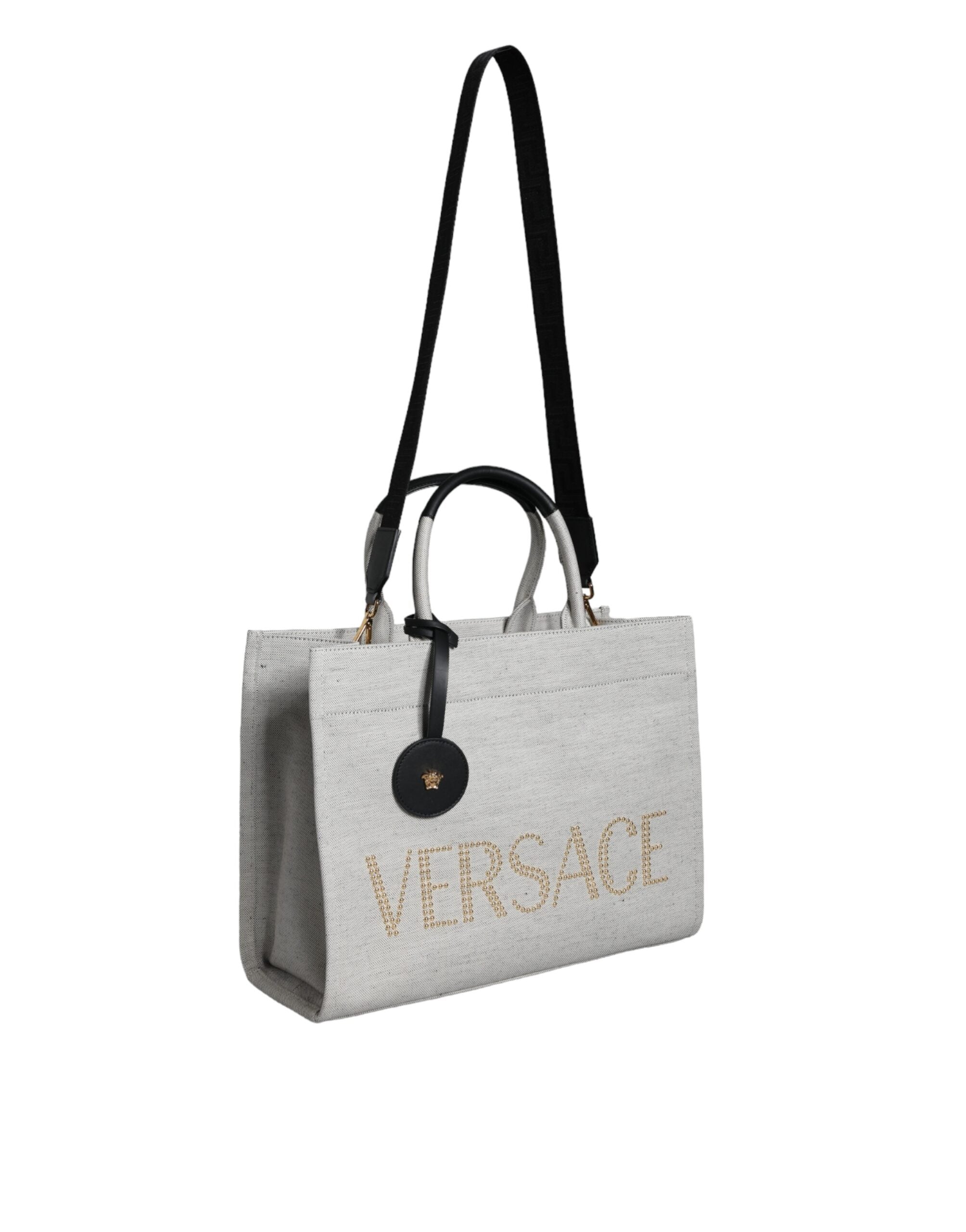 Versace White Top Handle Canvas Leather Logo Crossbody Tote Bag - ACCEXO
