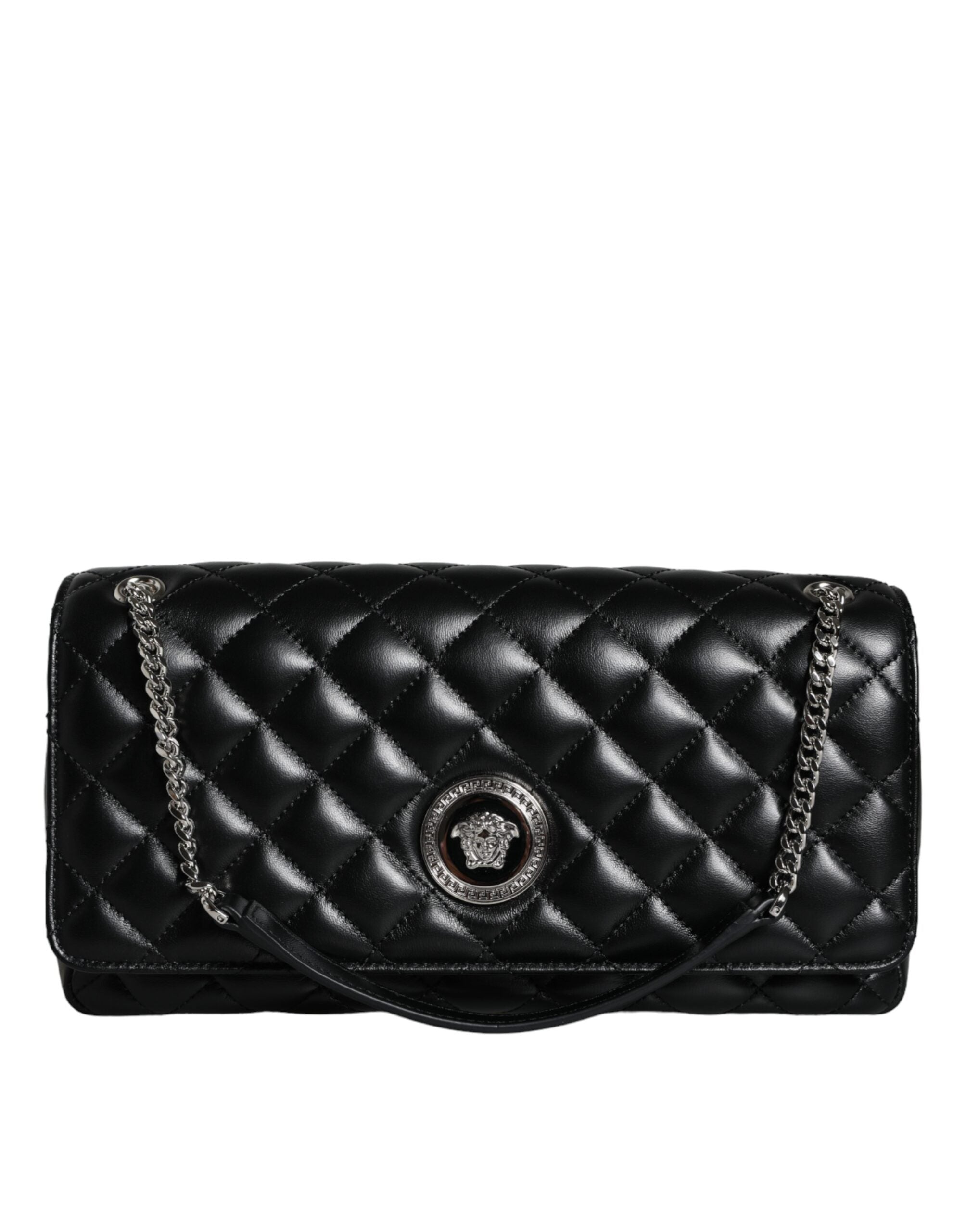 Versace Black Quilted Lambskin Leather Crossbody Shoulder Bag - ACCEXO