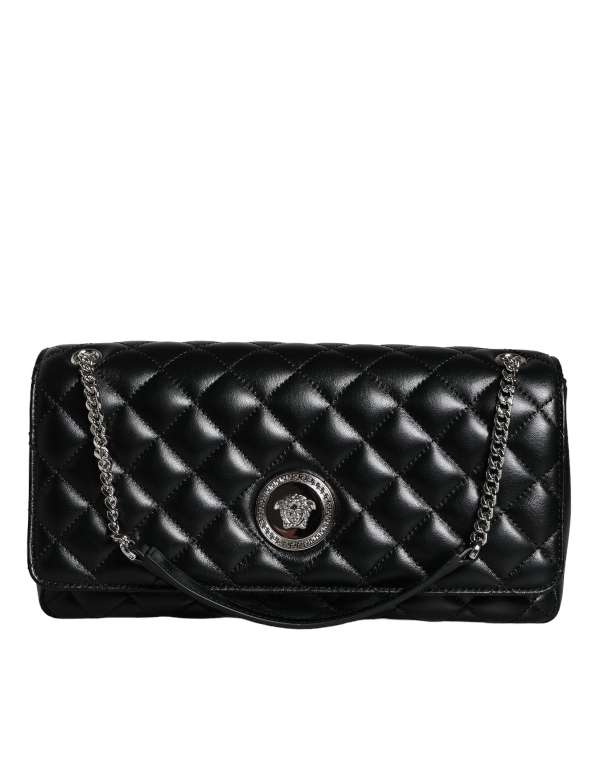 Versace Black Quilted Lambskin Leather Crossbody Shoulder Bag - ACCEXO
