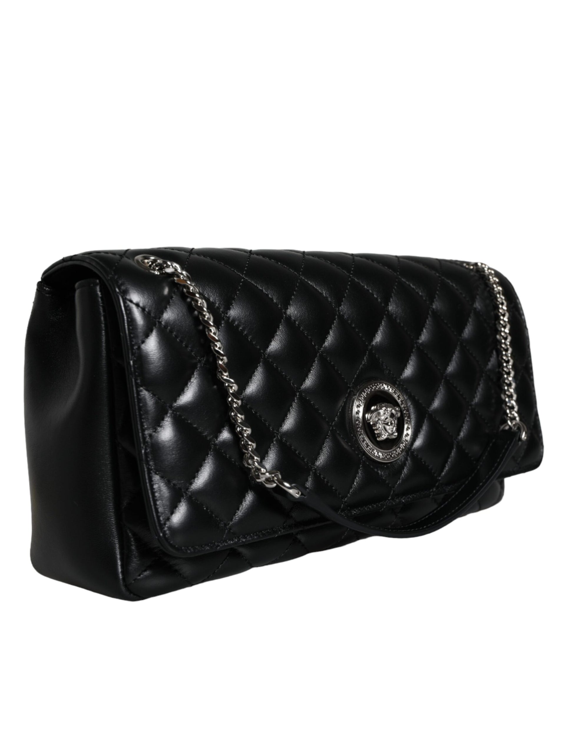 Versace Black Quilted Lambskin Leather Crossbody Shoulder Bag - ACCEXO