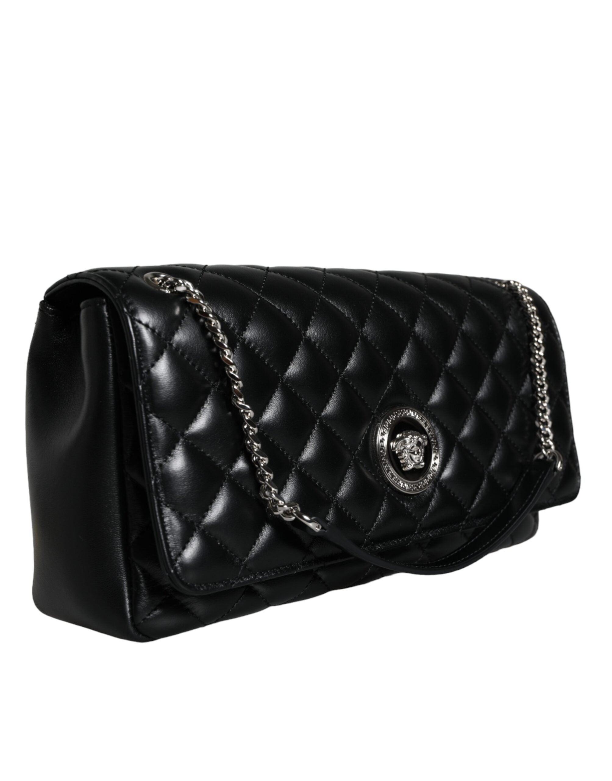 Versace Black Quilted Lambskin Leather Crossbody Shoulder Bag - ACCEXO