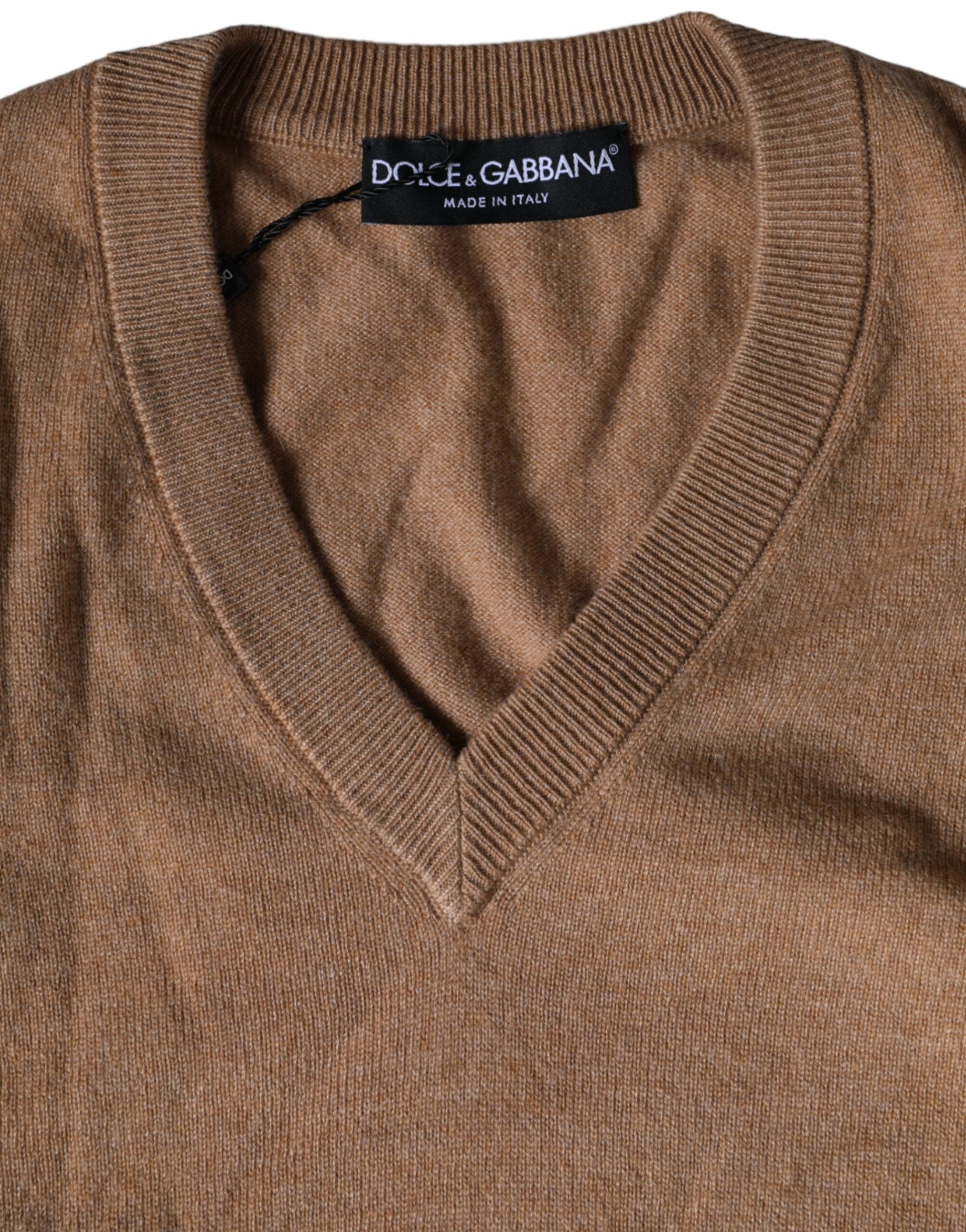 Dolce & Gabbana Brown Cashmere Knit V-neck Pullover Sweater - ACCEXO