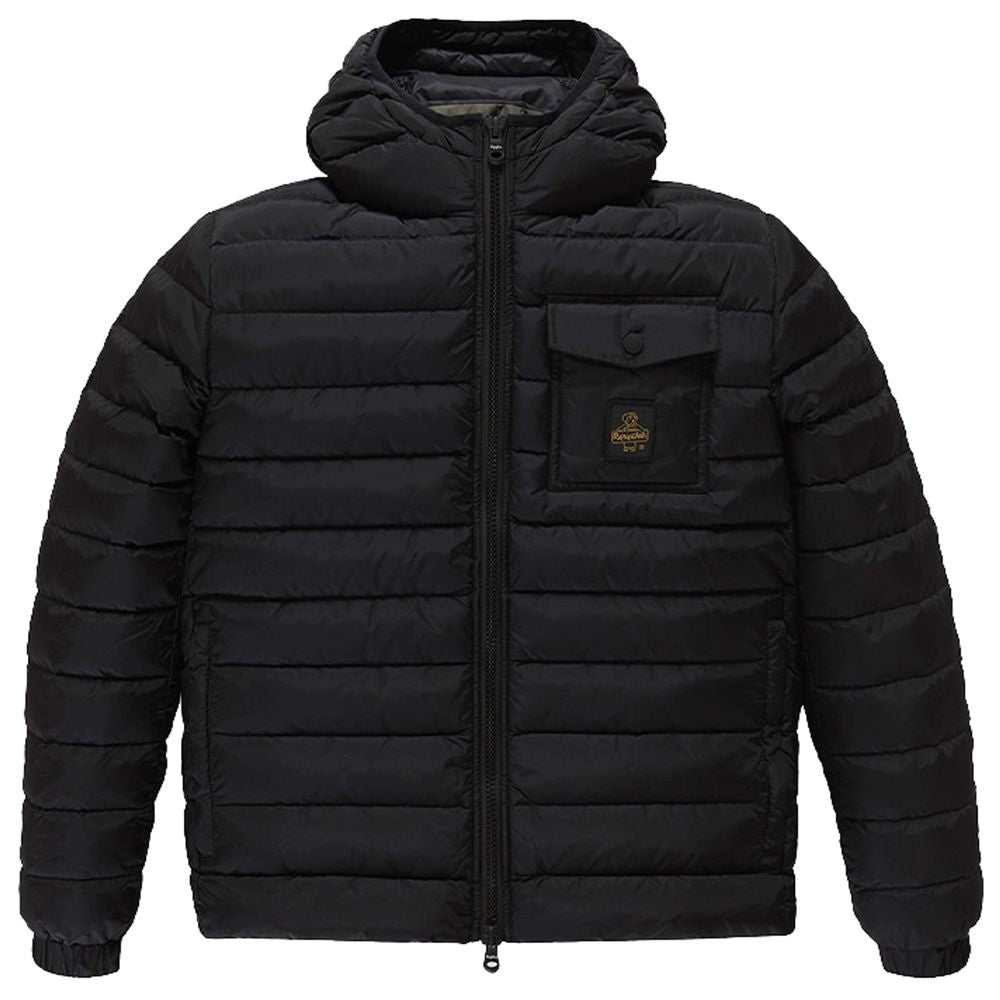 Black puffer jacket with a hood on a white background
