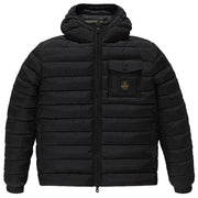Black puffer jacket with a hood on a white background