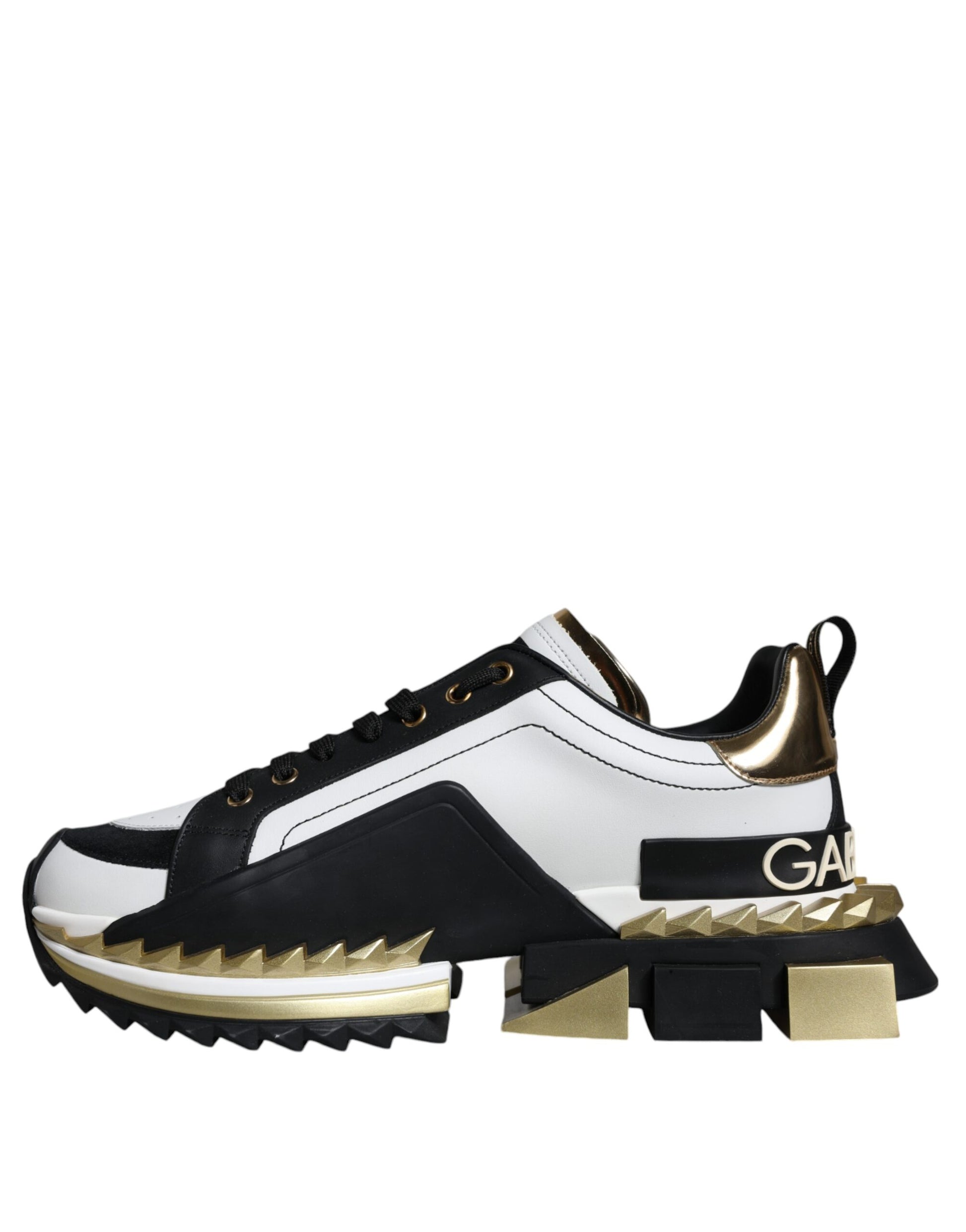 Dolce & Gabbana White Gold Black Leather SUPER KING Sneakers Shoes - ACCEXO
