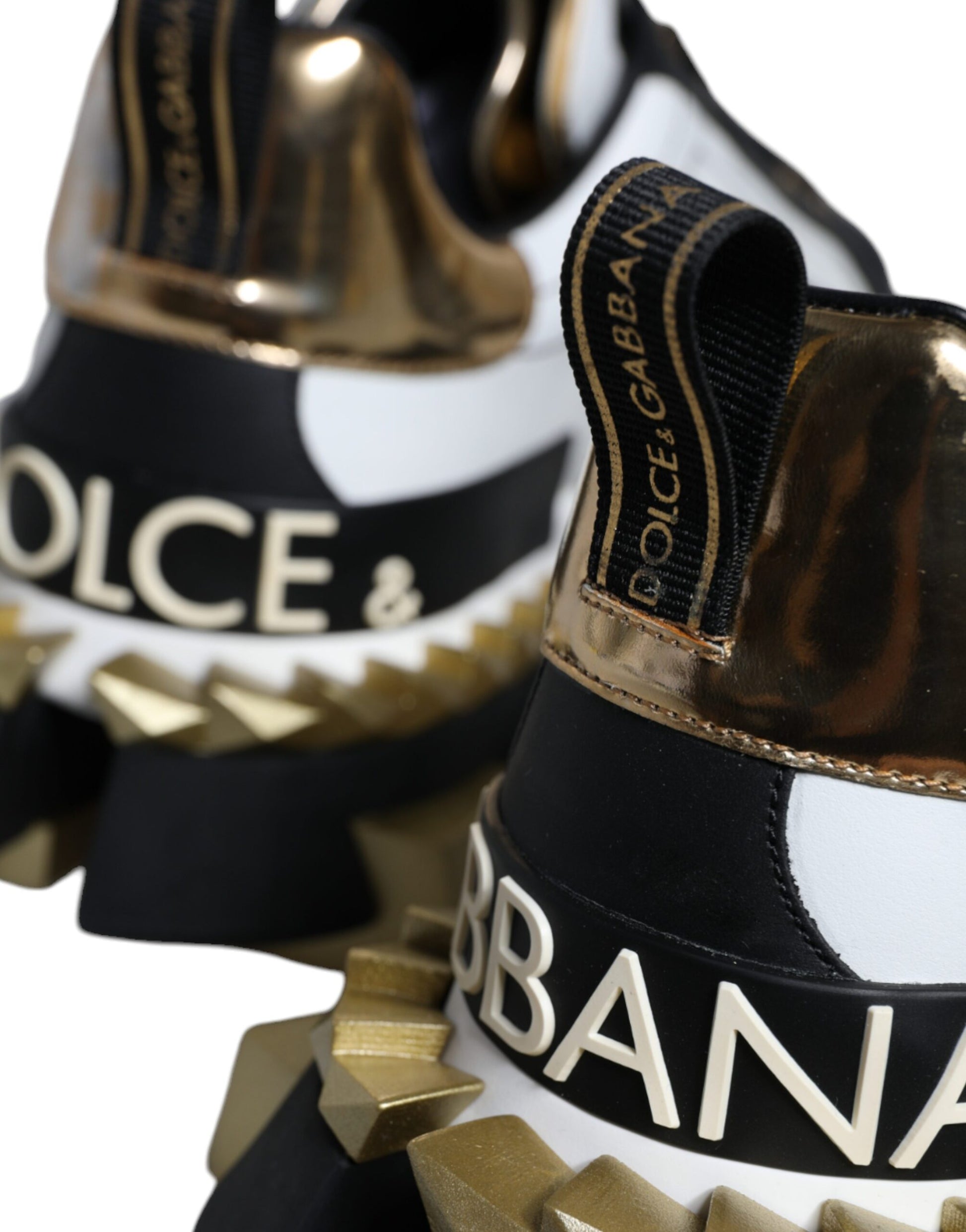 Dolce & Gabbana White Gold Black Leather SUPER KING Sneakers Shoes - ACCEXO