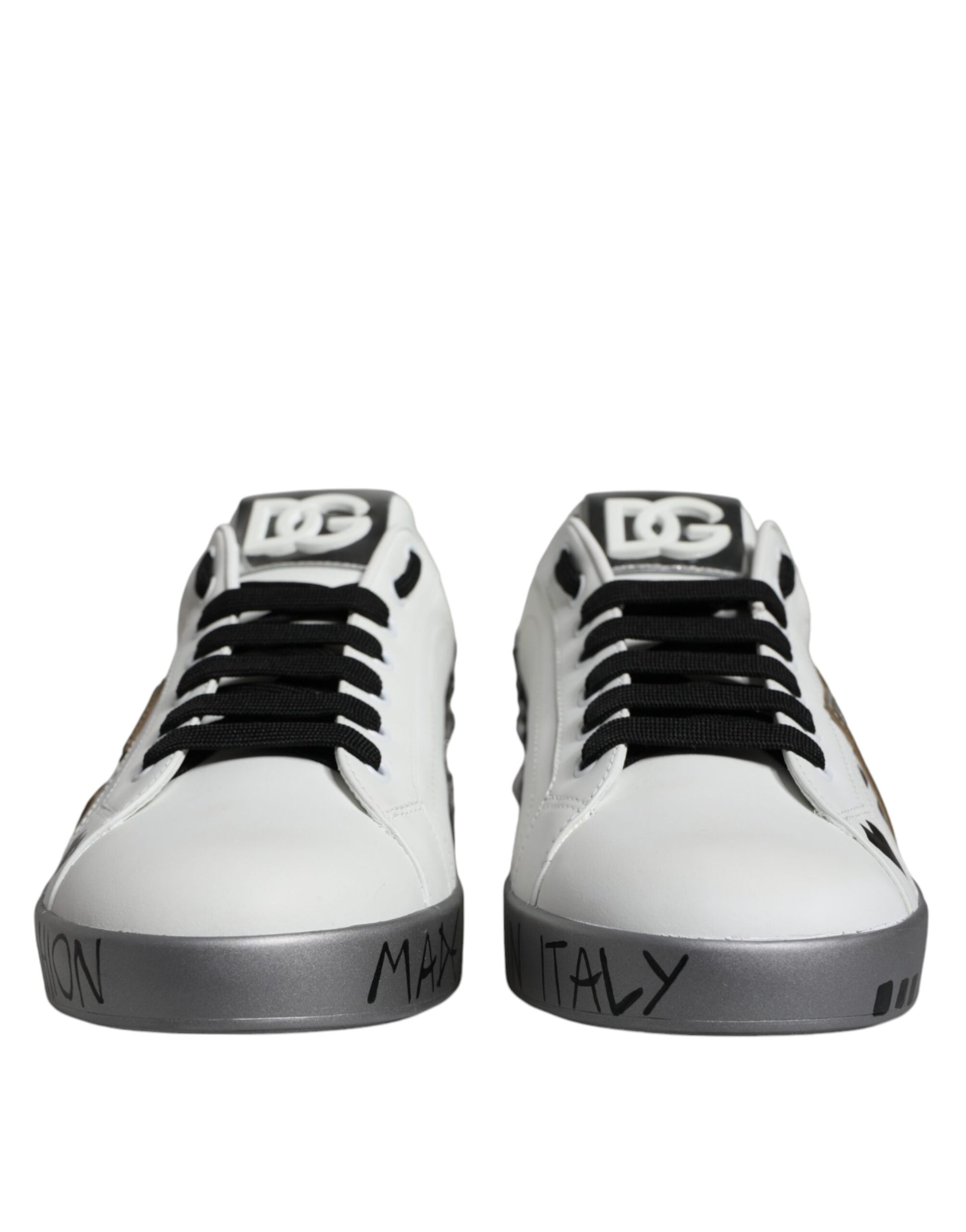 Dolce & Gabbana White Silver Crystal Logo Portofino Sneakers Shoes - ACCEXO