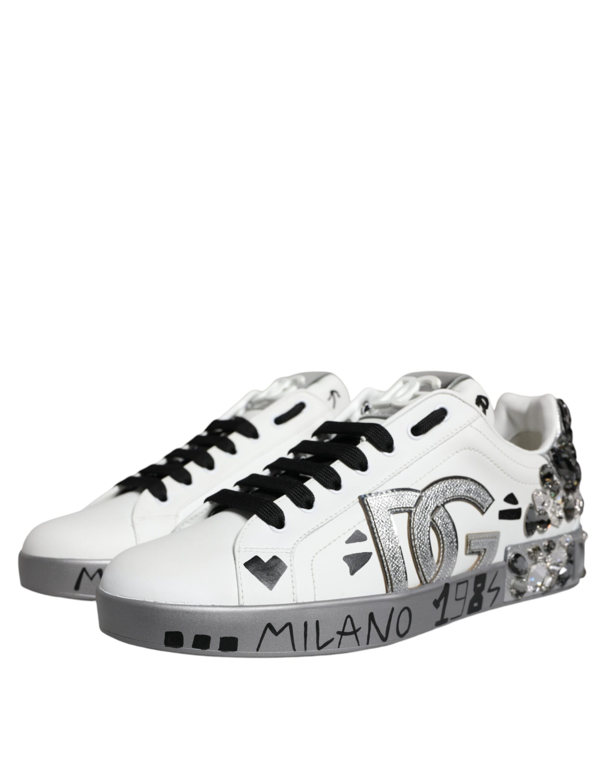 Dolce & Gabbana White Silver Crystal Logo Portofino Sneakers Shoes - ACCEXO