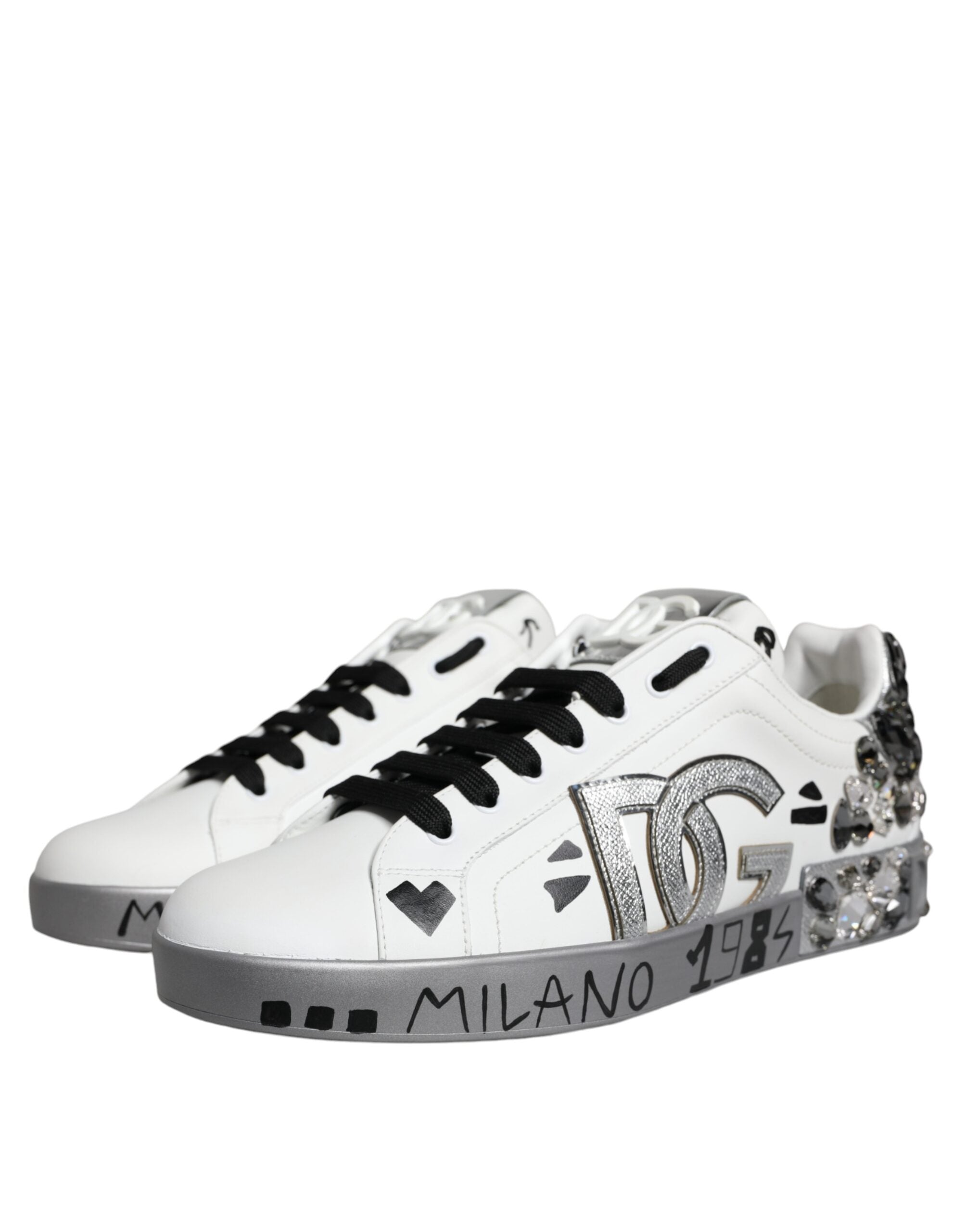 Dolce & Gabbana White Silver Crystal Logo Portofino Sneakers Shoes - ACCEXO