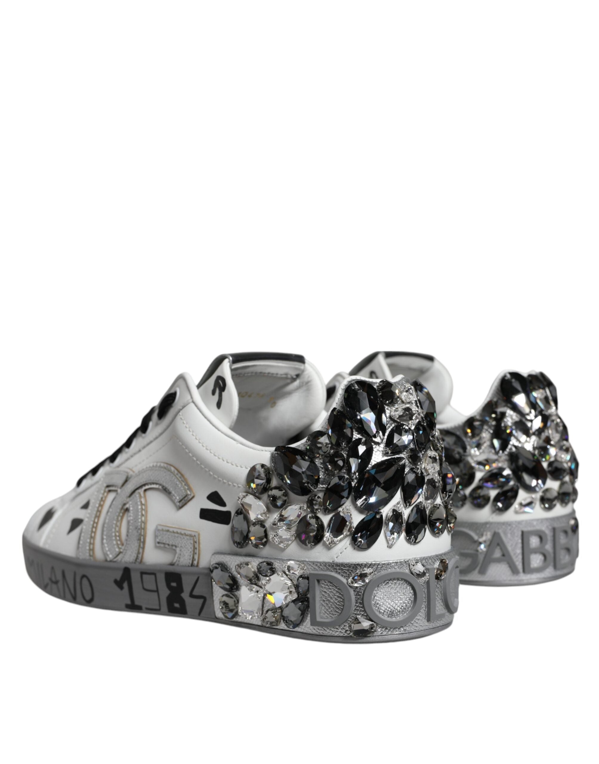 Dolce & Gabbana White Silver Crystal Logo Portofino Sneakers Shoes - ACCEXO