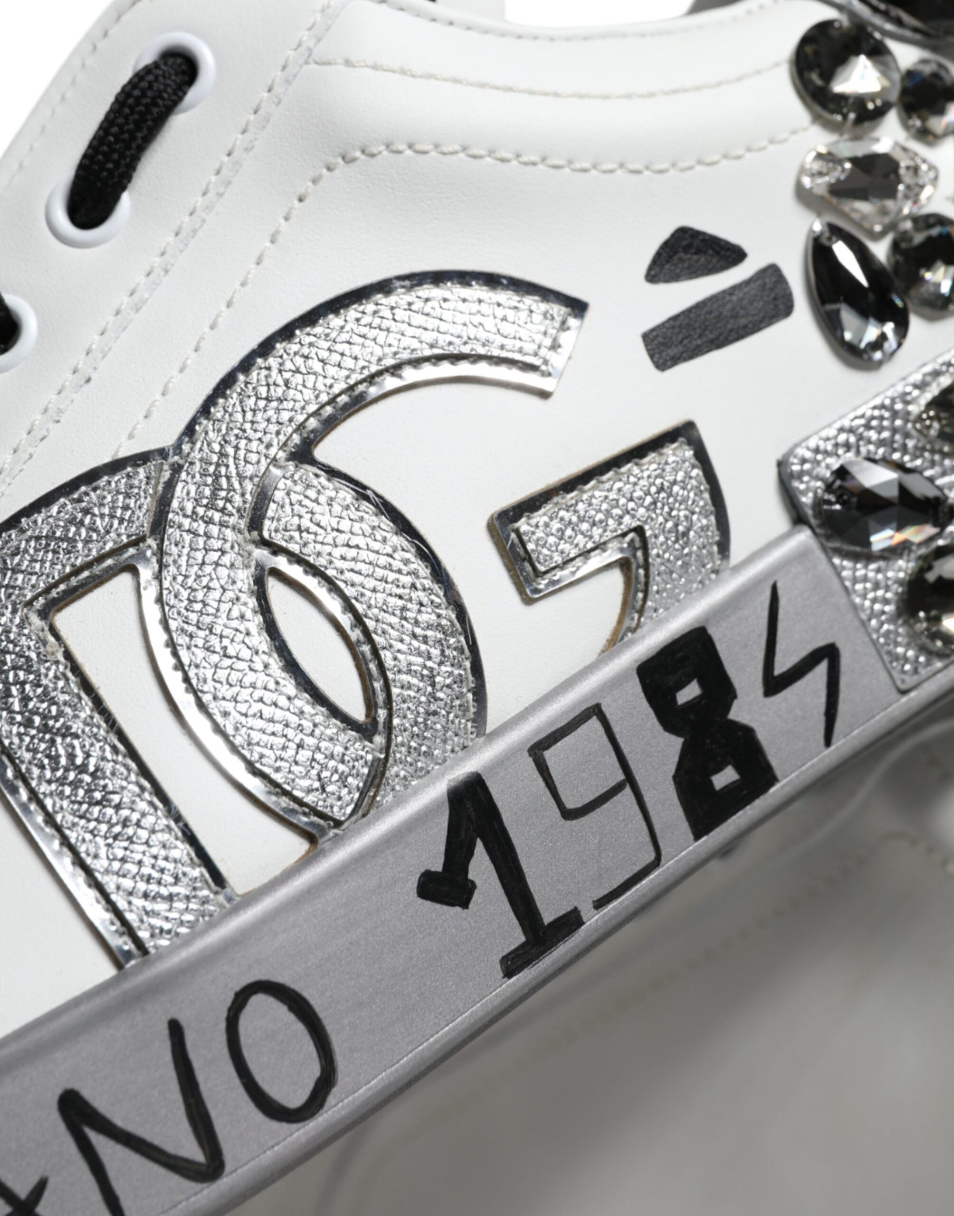 Dolce & Gabbana White Silver Crystal Logo Portofino Sneakers Shoes - ACCEXO