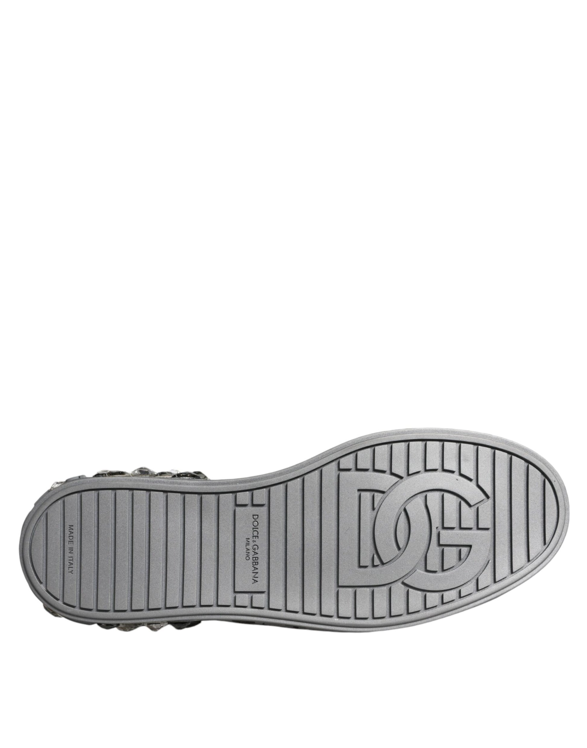 Dolce & Gabbana White Silver Crystal Logo Portofino Sneakers Shoes - ACCEXO