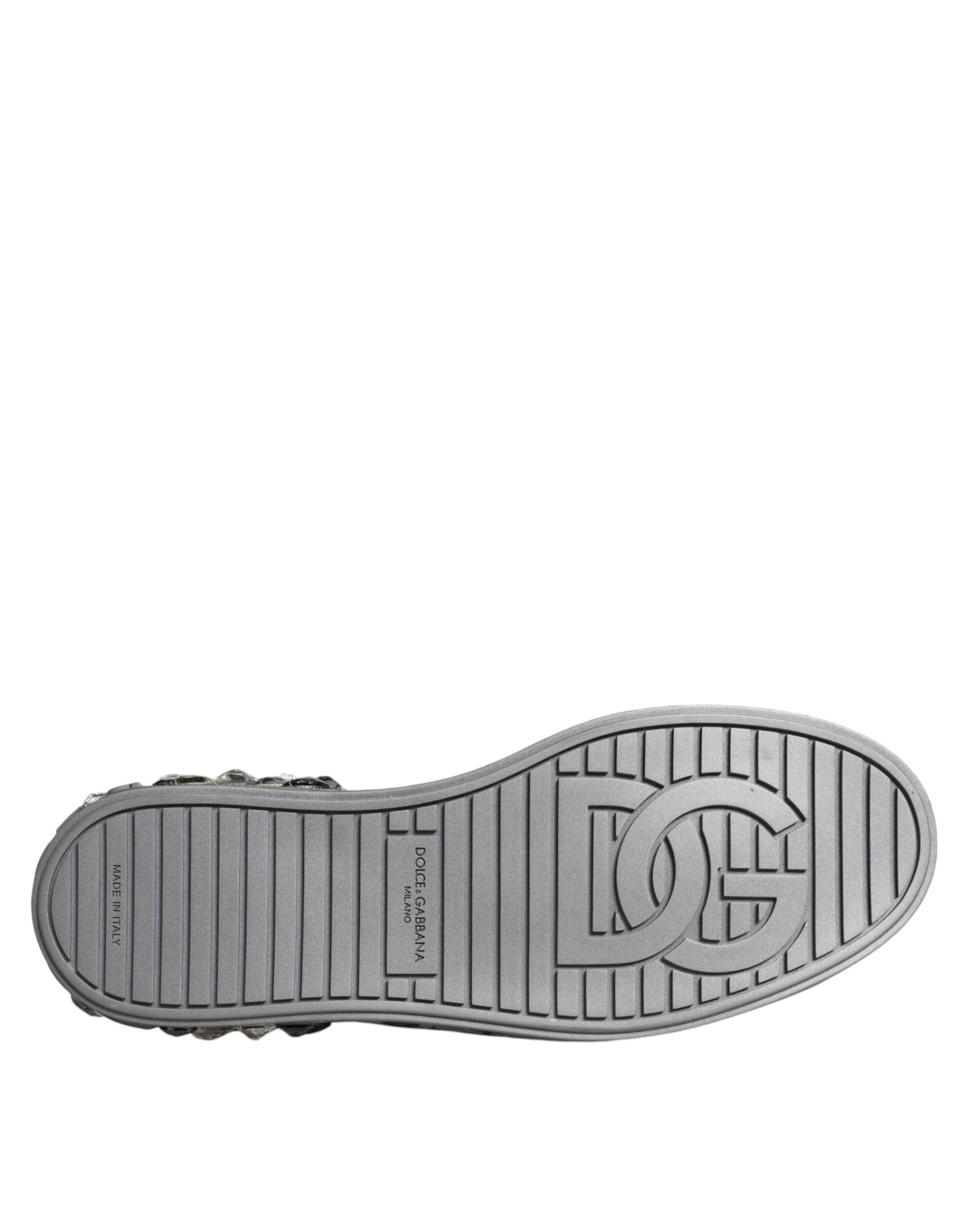 Dolce & Gabbana White Silver Crystal Logo Portofino Sneakers Shoes - ACCEXO