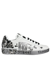 Dolce & Gabbana White Silver Crystal Logo Portofino Sneakers Shoes - ACCEXO