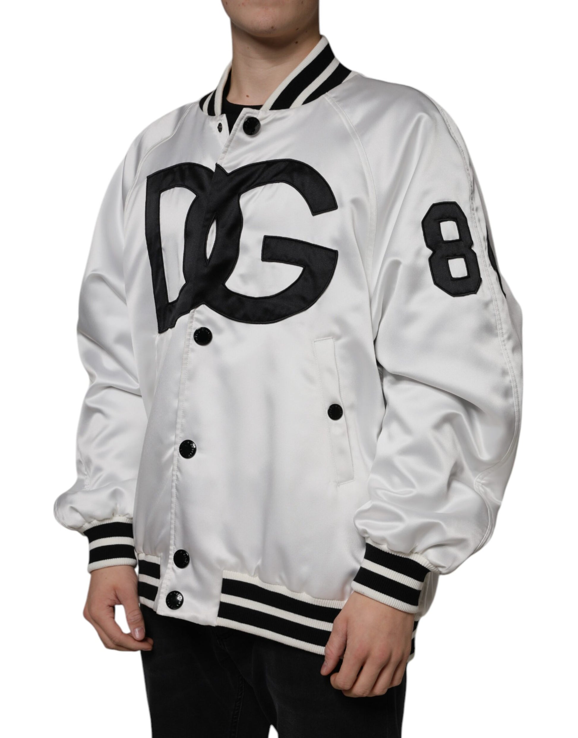 Dolce & Gabbana White Polyester Logo Full Zip Bomber Jacket - ACCEXO