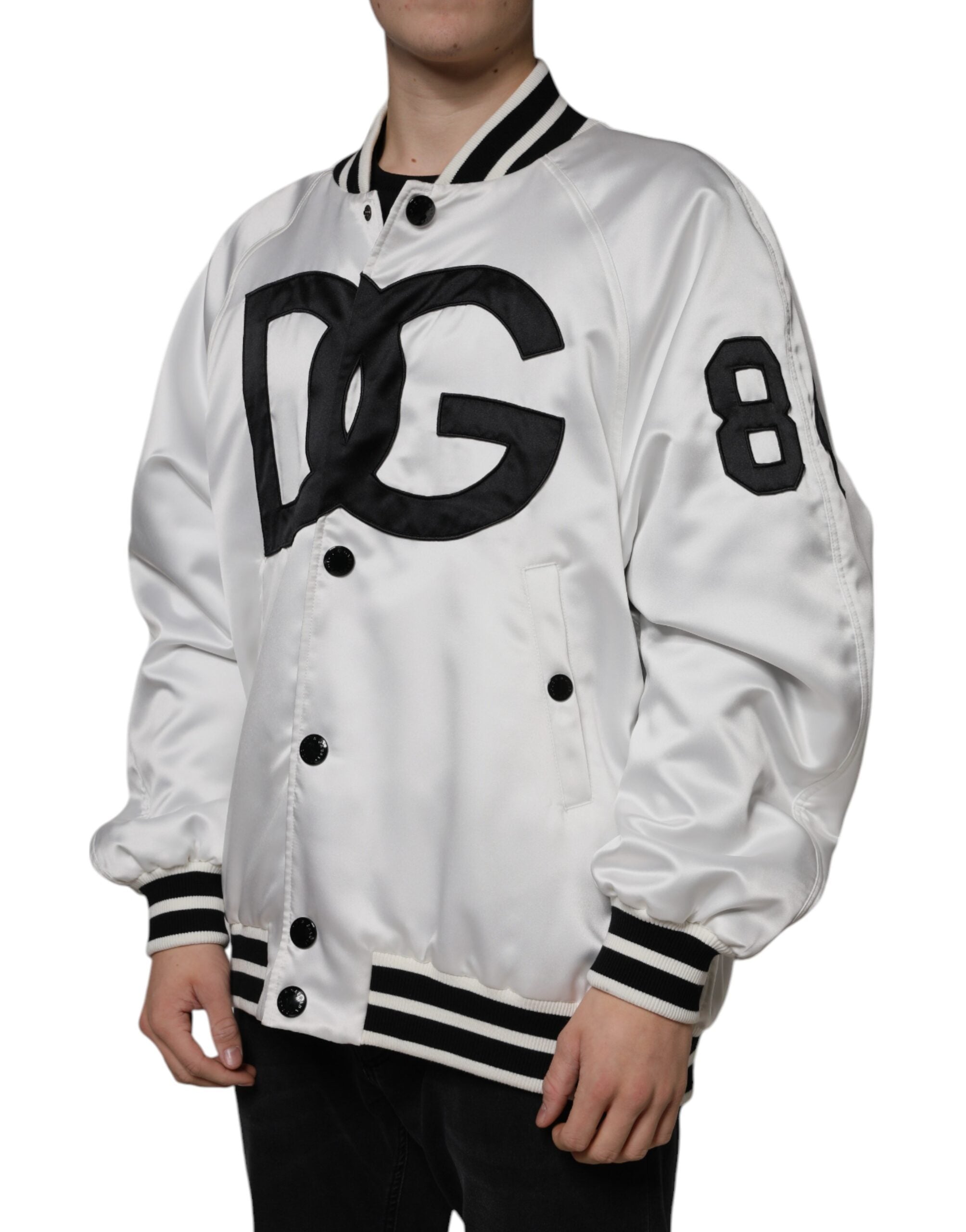 Dolce & Gabbana White Polyester Logo Full Zip Bomber Jacket - ACCEXO