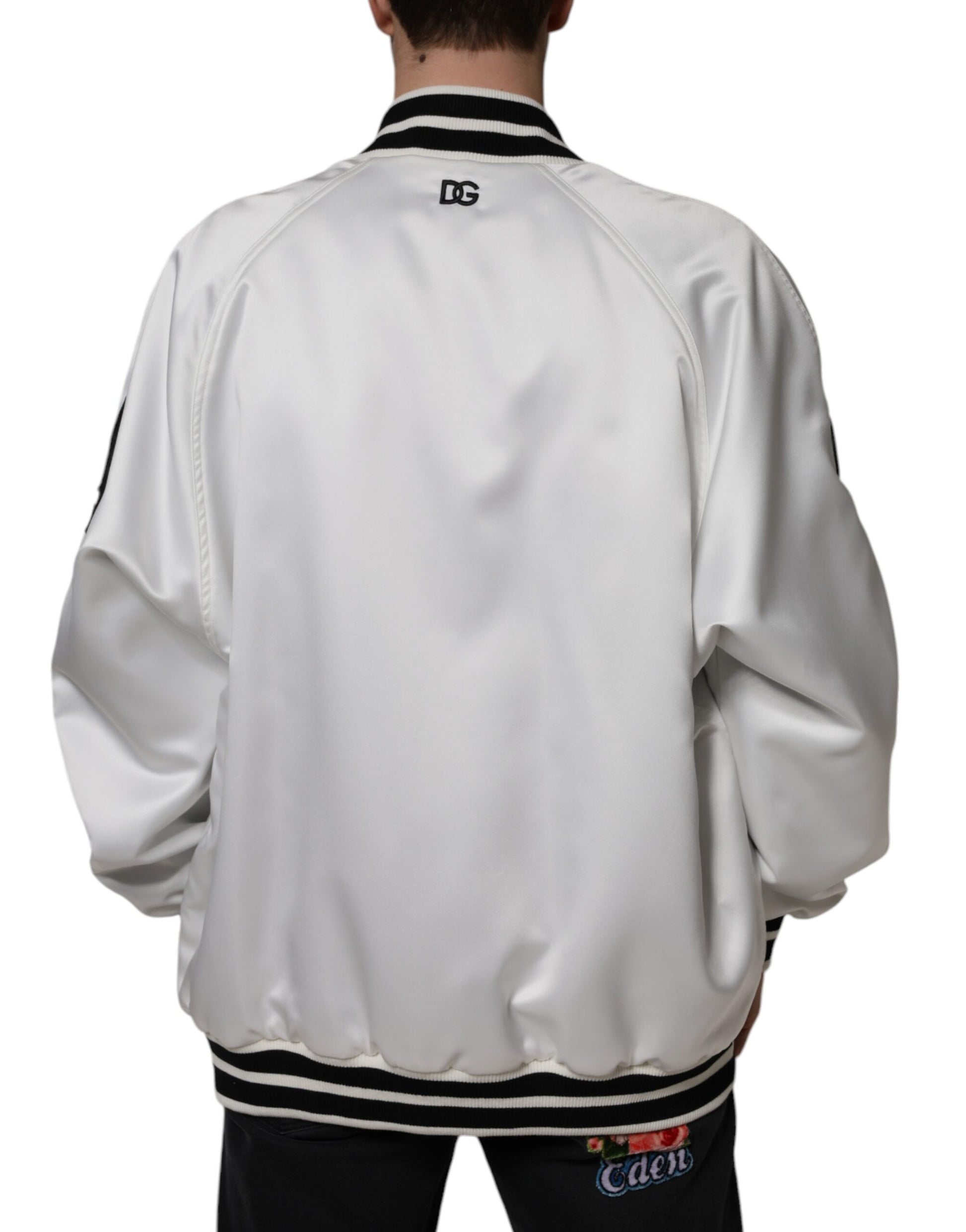 Dolce & Gabbana White Polyester Logo Full Zip Bomber Jacket - ACCEXO
