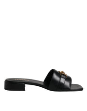 Versace Black Leather Logo Plaque Slip On Slides Flats Shoes - ACCEXO