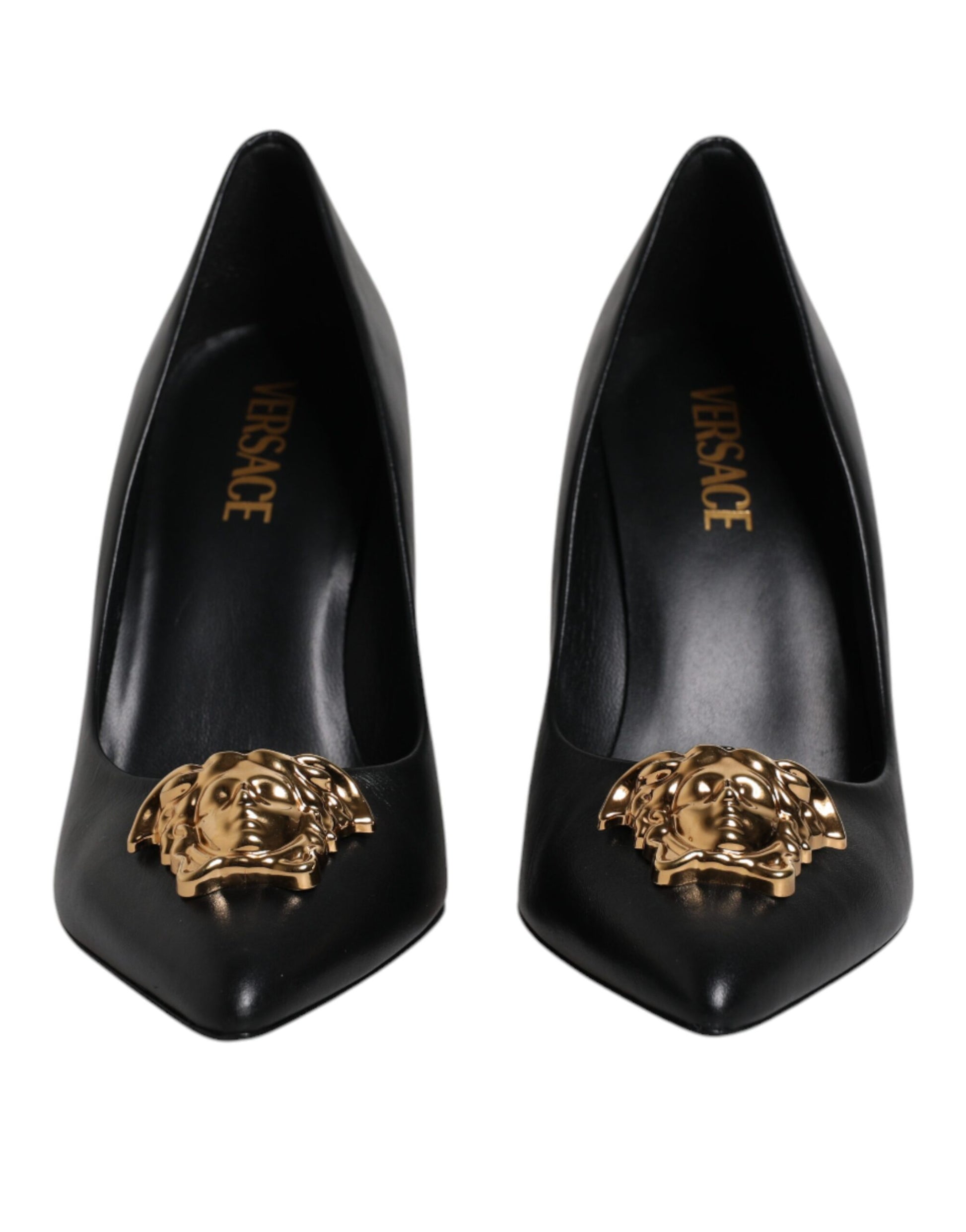 Versace Black Leather Logo Plaque High Heels Pumps Shoes - ACCEXO