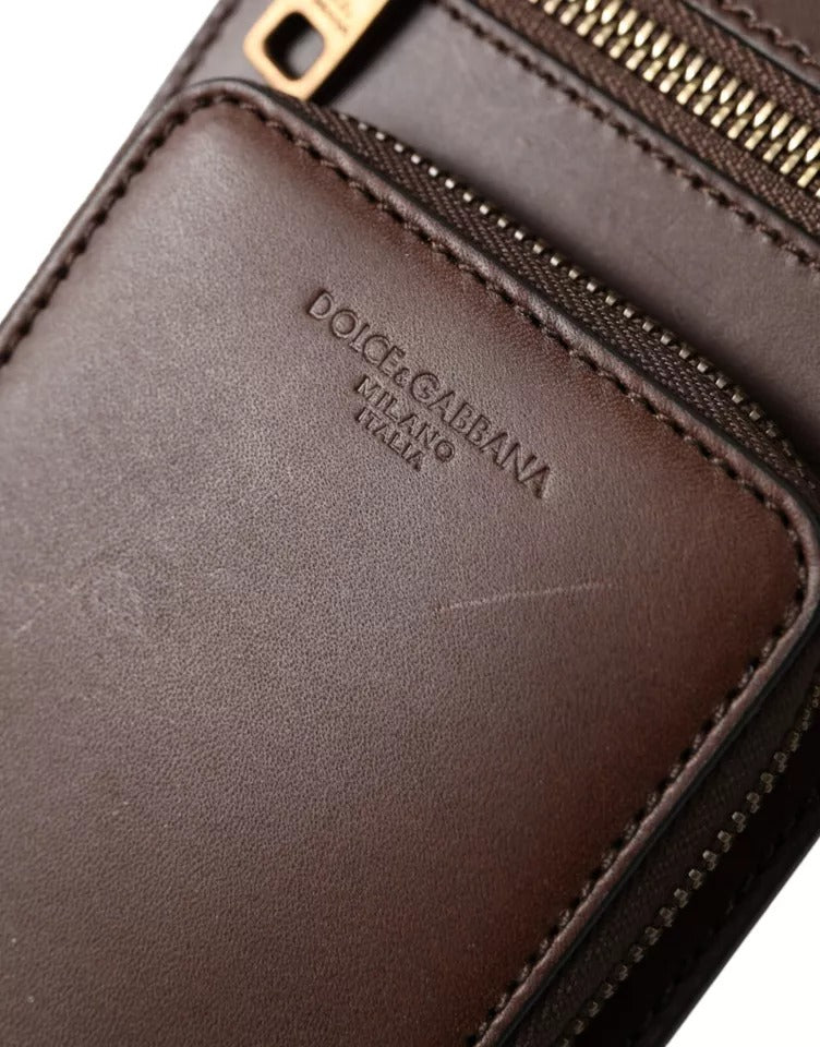 Dolce & Gabbana Brown Calf Leather Zip Logo Shoulder Neck Strap Wallet - ACCEXO
