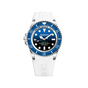 Bobroff watch with blue dial and white strap on a white background