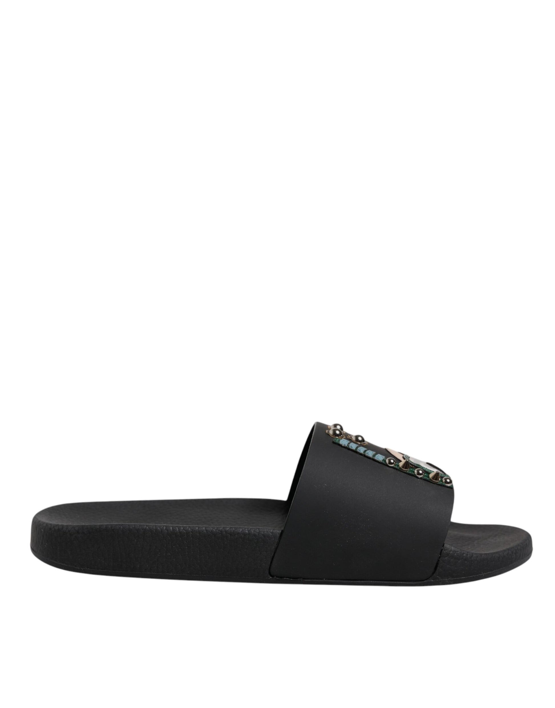 Dolce & Gabbana Black Divers Leather Flats Slides Sandals Beachwear Shoes - ACCEXO