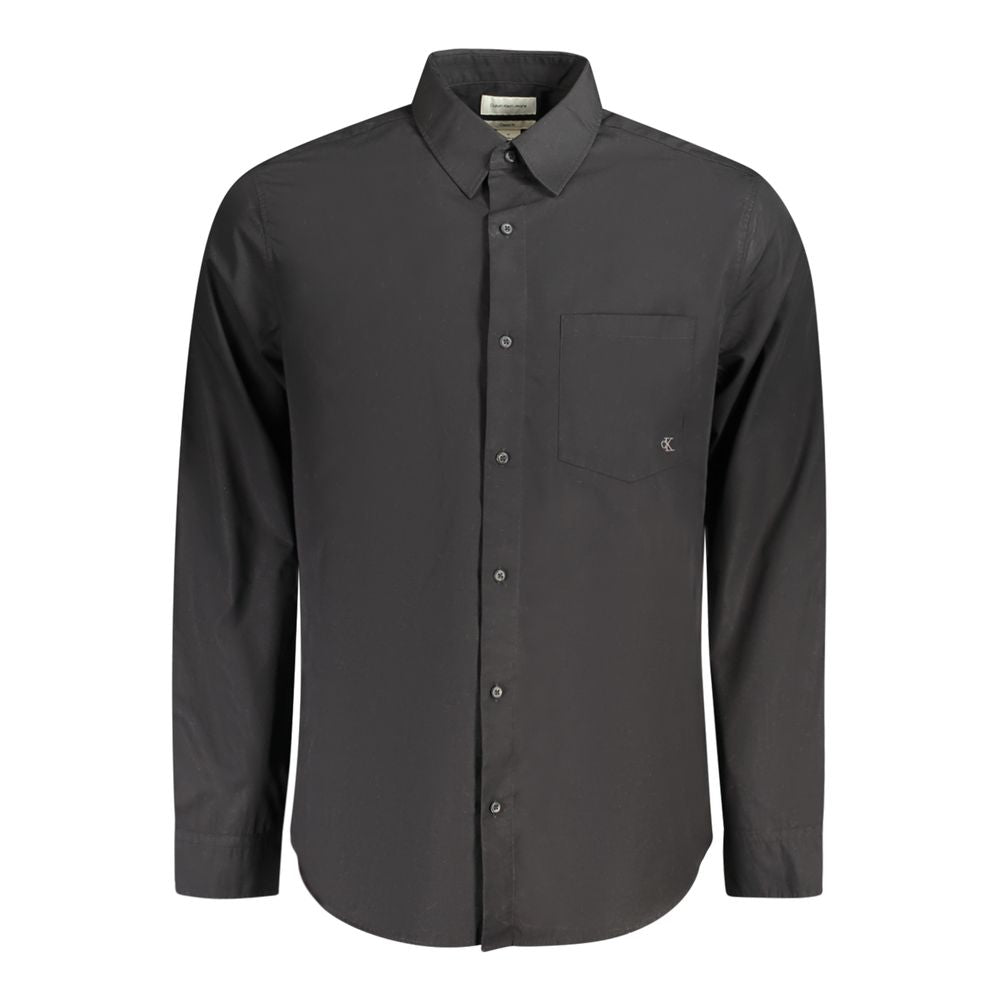 A black, long-sleeved Calvin Klein shirt with a classic fit and a button-up front. It features a left chest pocket, Italian collar, and 2-button cuffs.
