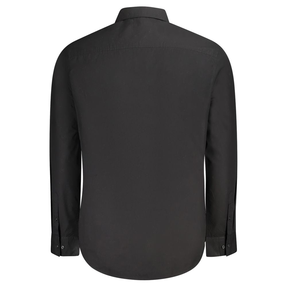 A black, long-sleeved Calvin Klein shirt with a classic fit and a button-up front. It features a left chest pocket, Italian collar, and 2-button cuffs.