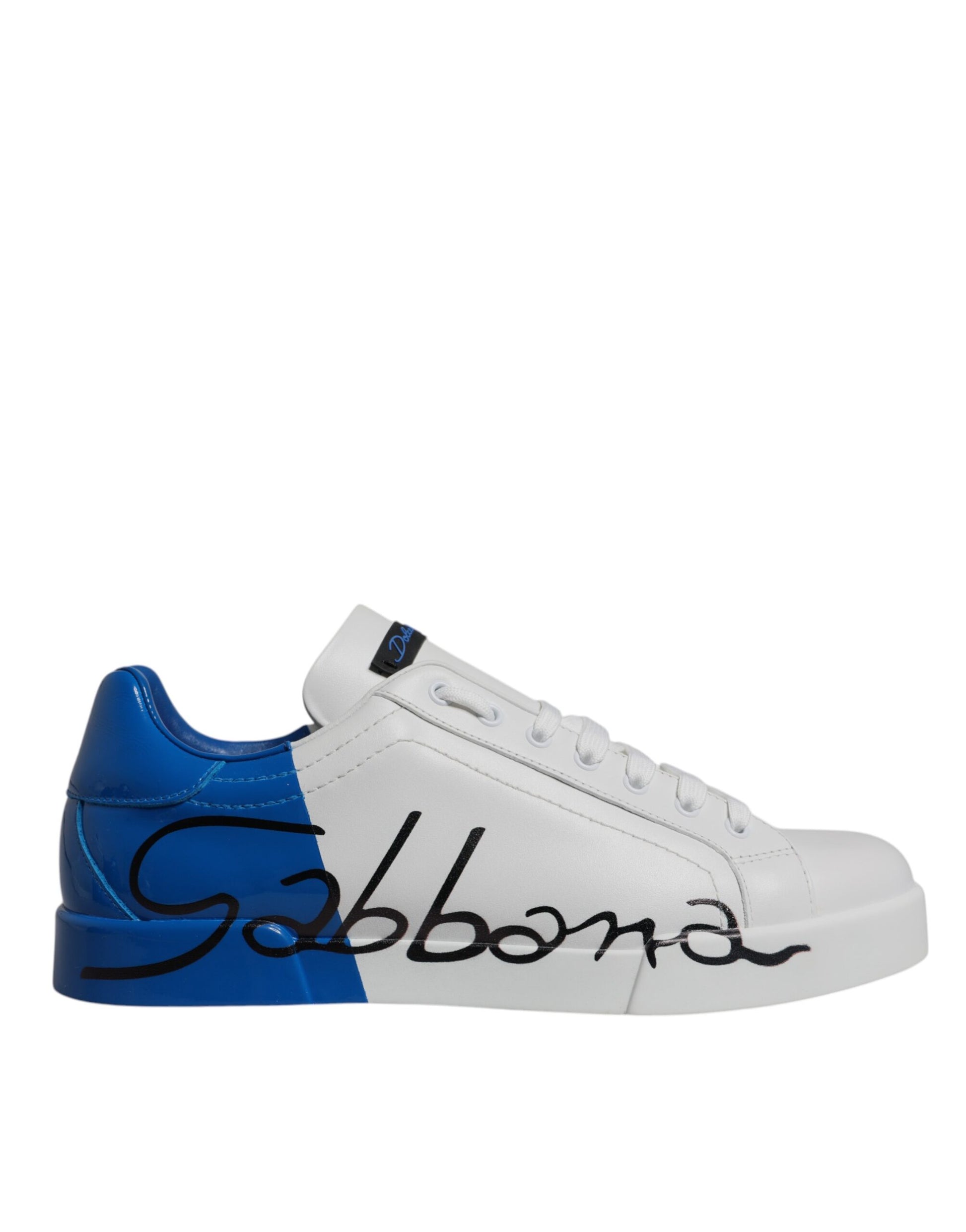 White sneaker with blue side panel and 'Schiavona' branding on a white background
